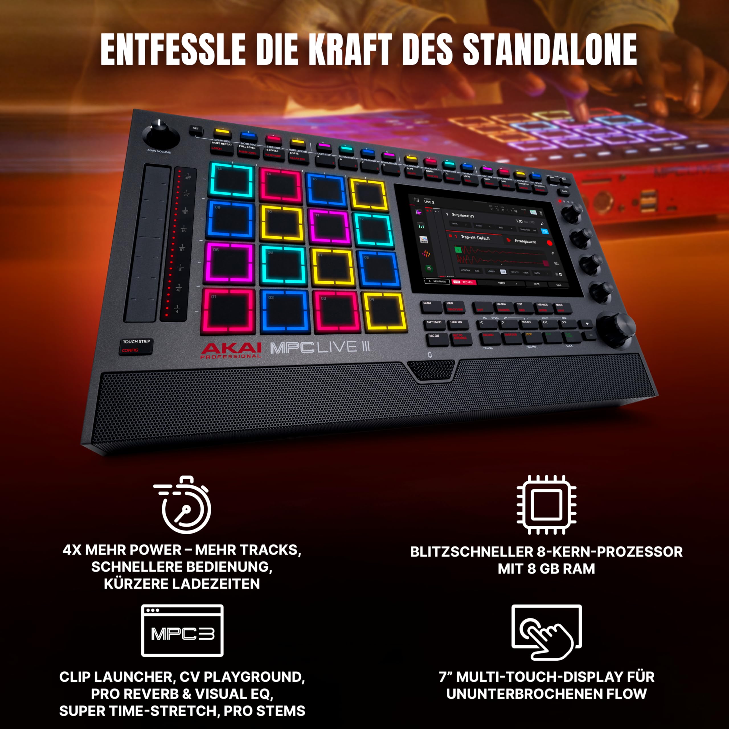 Akai Professional MPC Live III tragbares Musikproduktions-Center | Standalone, MPCe Pads, Touchscreen, Stereo Lautsprecher, Mikrofon, Akku, Bluetooth, WLAN