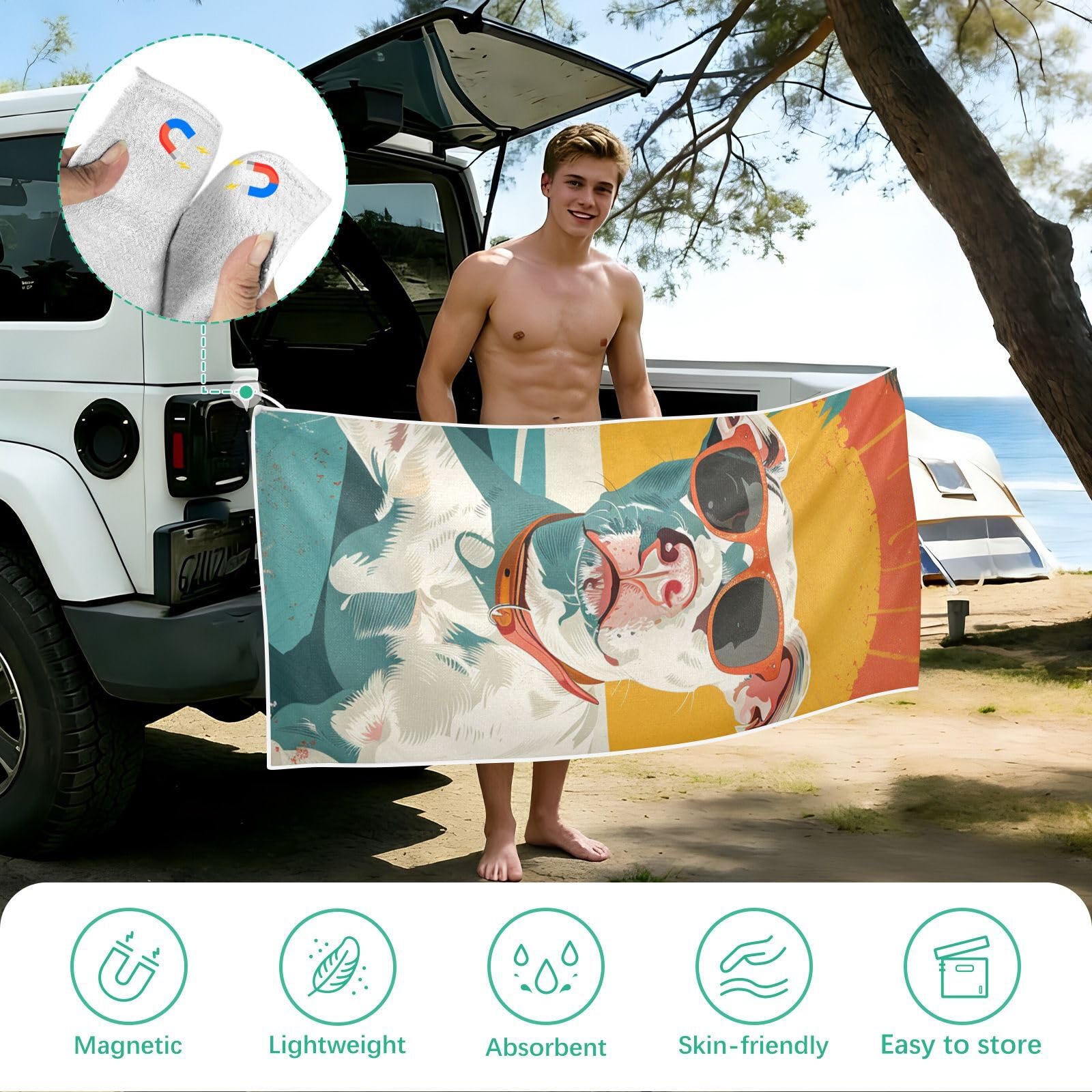 Toallas de playa grandes con bolsas de malla para adultos, toalla de baño para perros con cierre magnético, toalla absorbente de secado rápido para piscina, camping y viajes, 190 x 80 cm