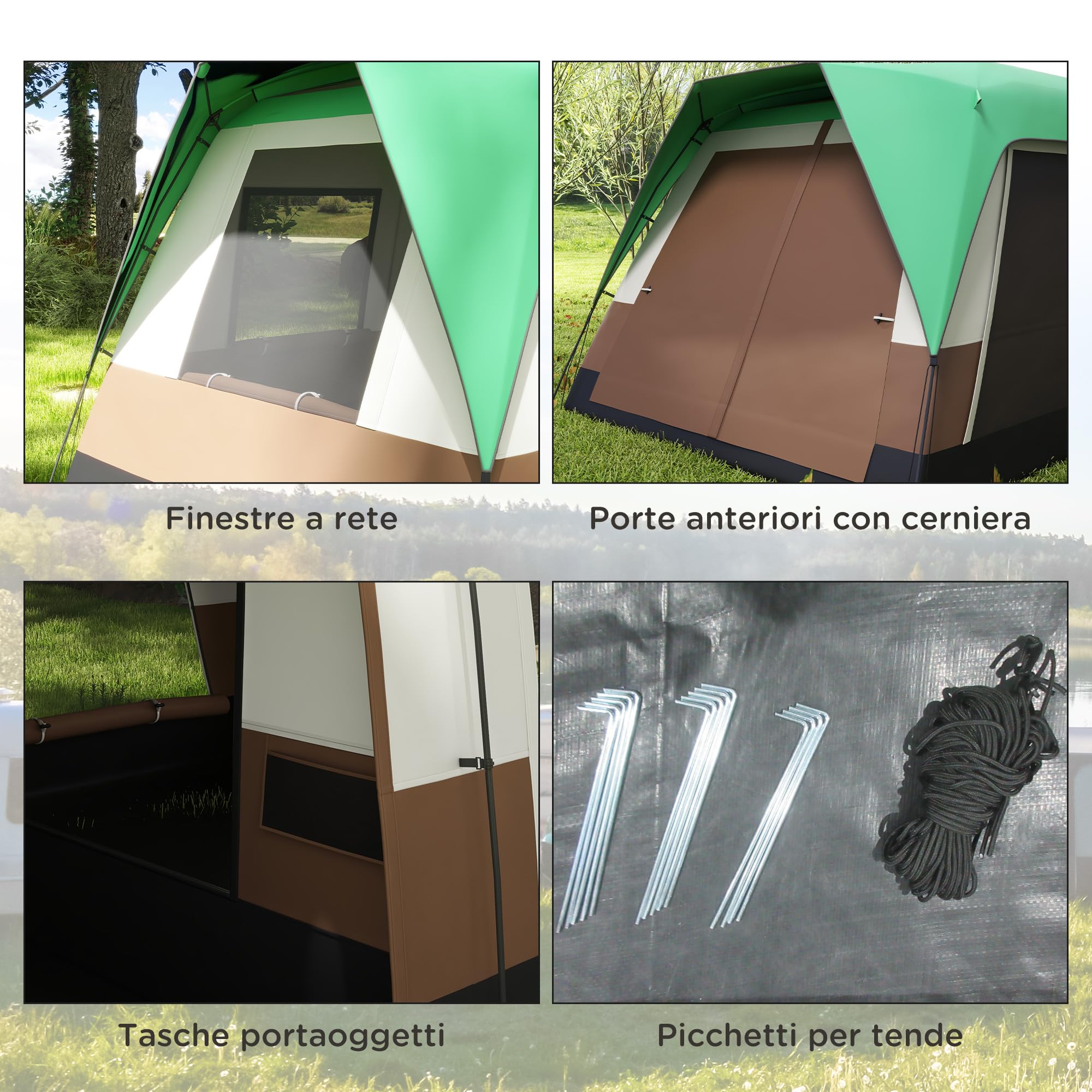 Outsunny Tenda da Campeggio 4 Posti Impermeabile con Finestre a Rete, Tenda a Tunnel in Poliestere, 490x305x225 cm, Verde