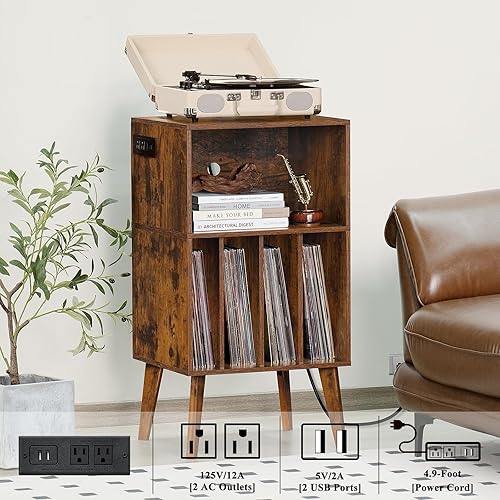Miniatura 4 de Lerliuo Soporte para tocadiscos con estación de carga, soporte para tocadiscos marrón con capacidad para hasta 160 álbumes, mesa de gabinete de