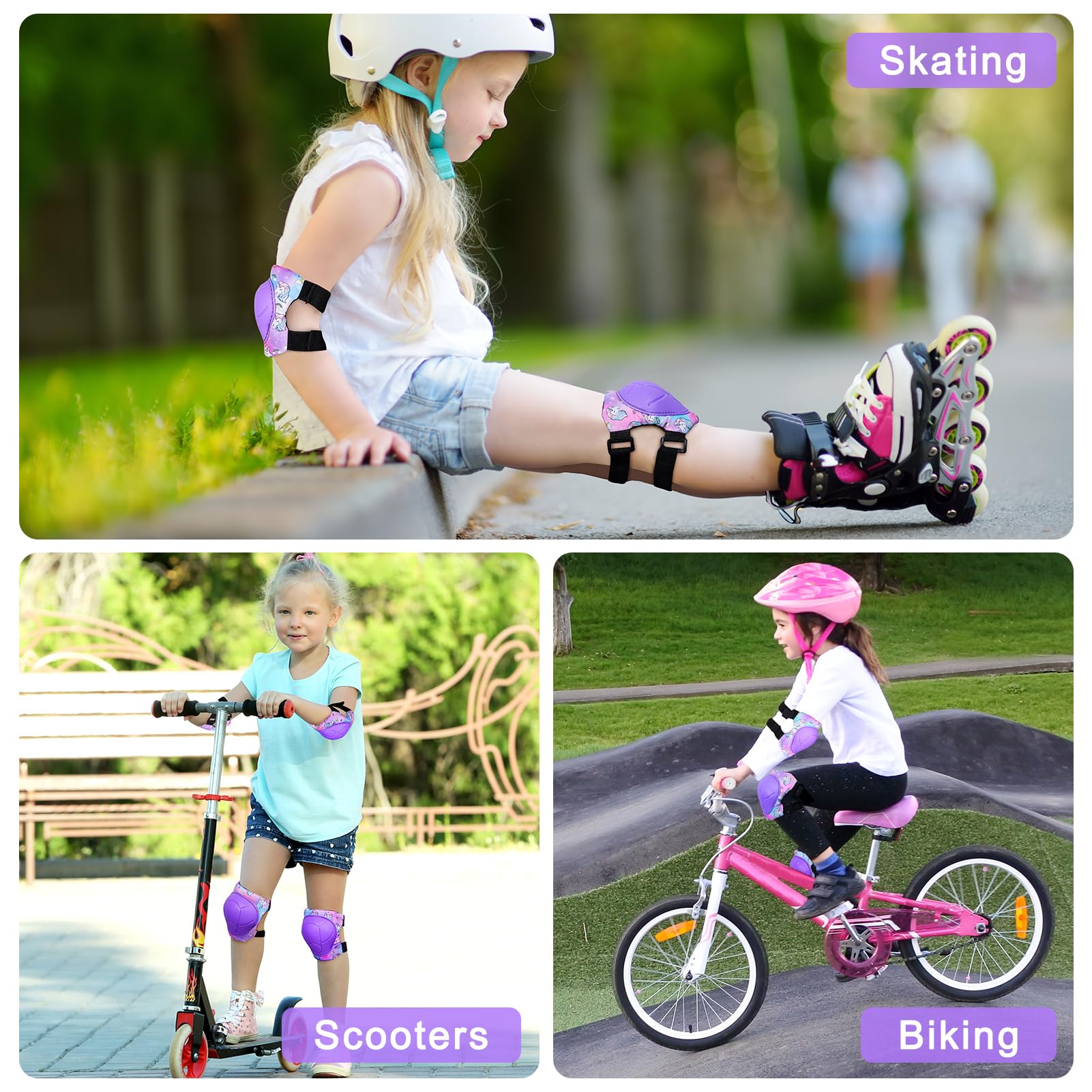 FIODAY Knee Pads For Kids Unicorn Protective Gear Set Adjustable Knee Pads And Elbow Pads With Wrist Guard For Girls Roller Skates Cycling Bike Skateboard Inline Skatings Scooter, 3-8 Years