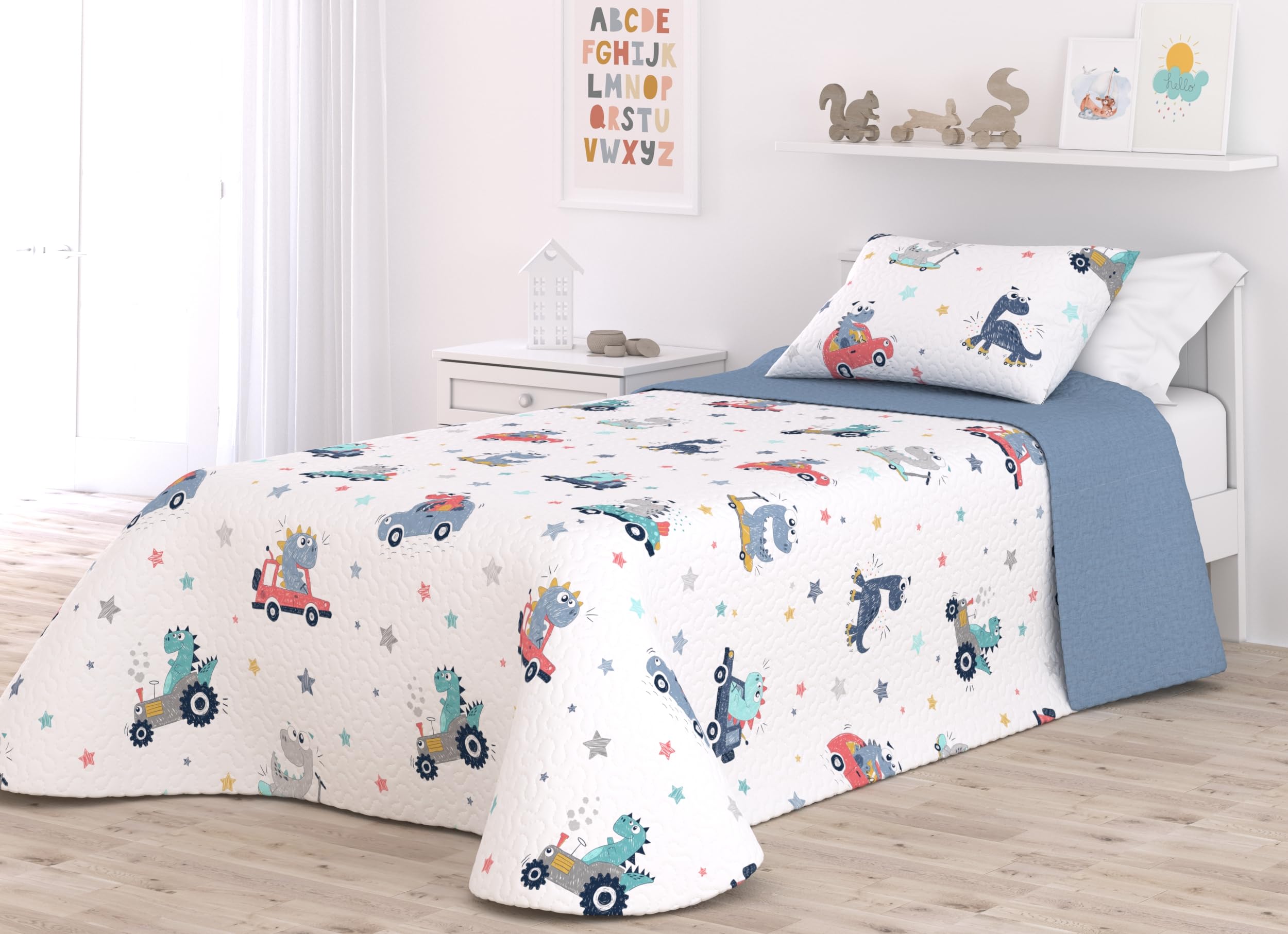 Victorio & Lucchino Colcha Infantil de Verano y Primavera. Ligera Colcha cubrecama de Microfibra. Incluye Funda de cojín. (Dino con COJÍN, Cama 90cm)