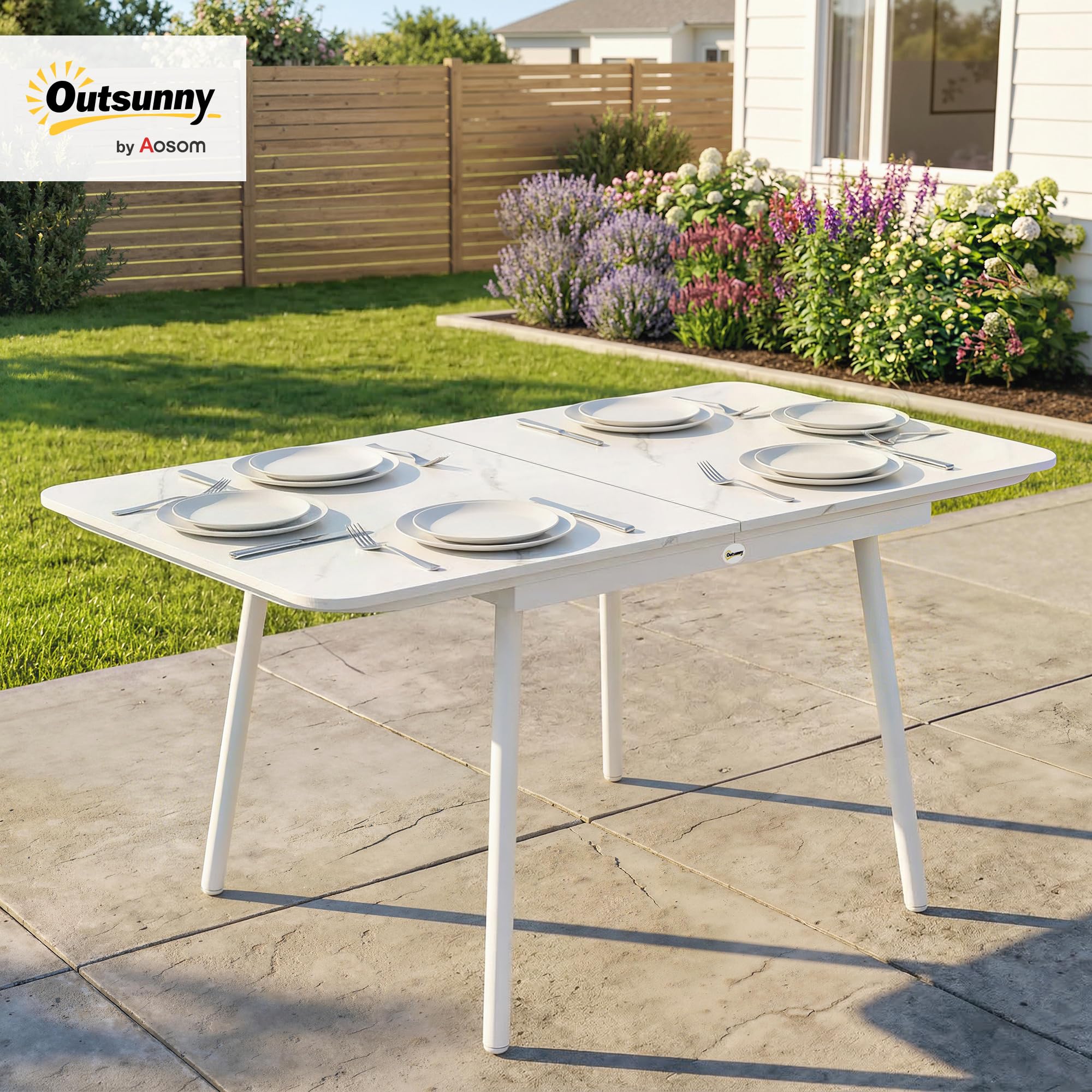 Outsunny Tavolo da Giardino per 6 Persone 140x80 cm Rettangolare Bianco | Tavolo da Pranzo Esterno, Piano in Composito Legno-Plastica Effetto Marmo, Struttura in Metallo, per Patio Terrazzo