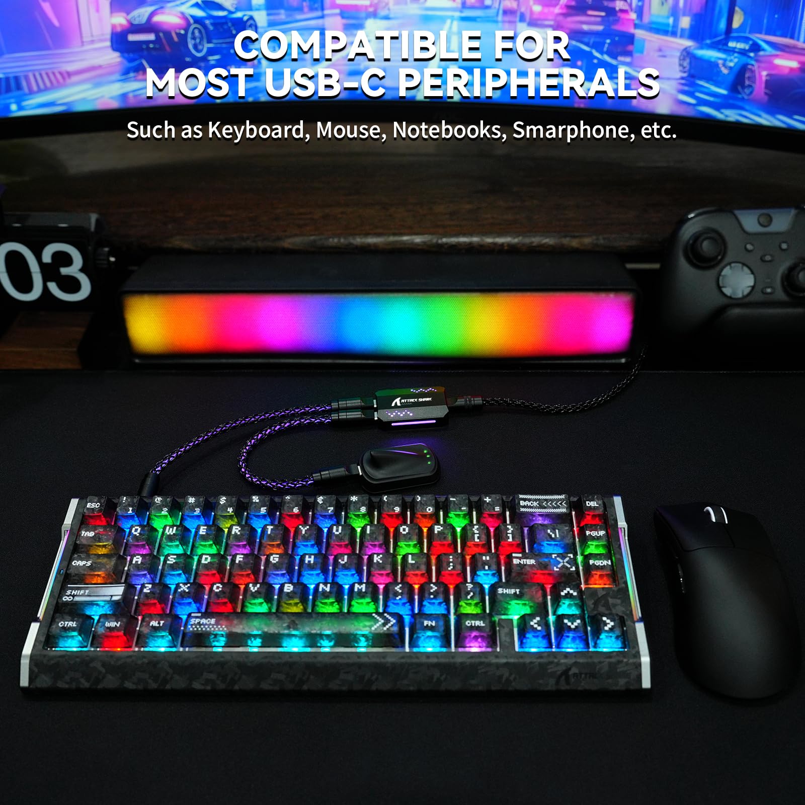 ATTACK SHARK C07 8KHz Kabel Type-C 2 w 1 do Gaming Klawiatur/Myszy-Czarny | 12 RGB Backlit, Podwójny port USB-C, Oplot z Miedzi Monokrystalicznej, Aluminium CNC 6063, dla PC/MacBook/Graczy, 5,12'