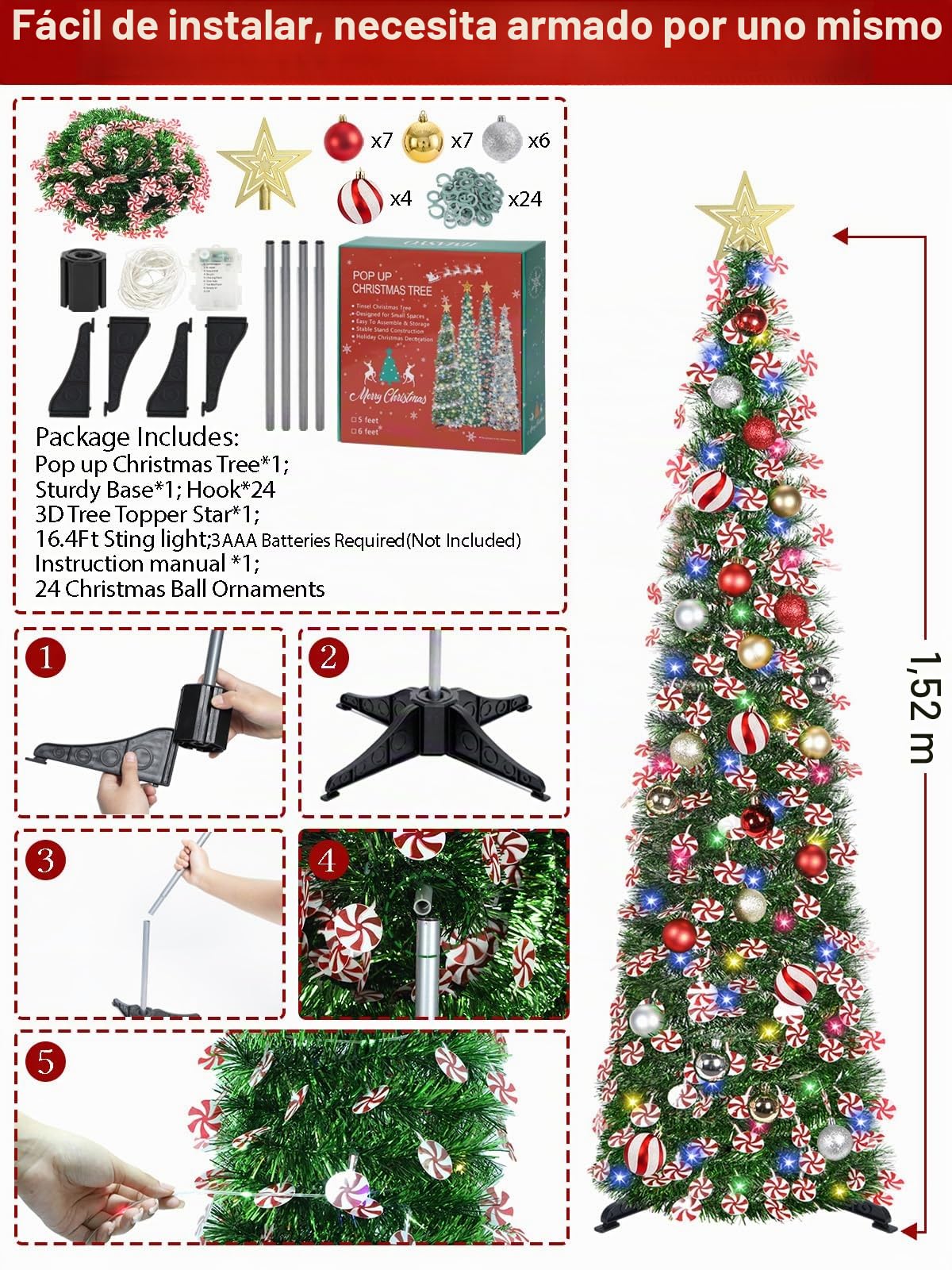 HMASYO Árbol de Navidad desplegable de 5 pies con luces de temporizador y decoraciones, árbol de Navidad de oropel verde con dulces y 24 bolas, decoración de Navidad plegable para el hogar, oficina,