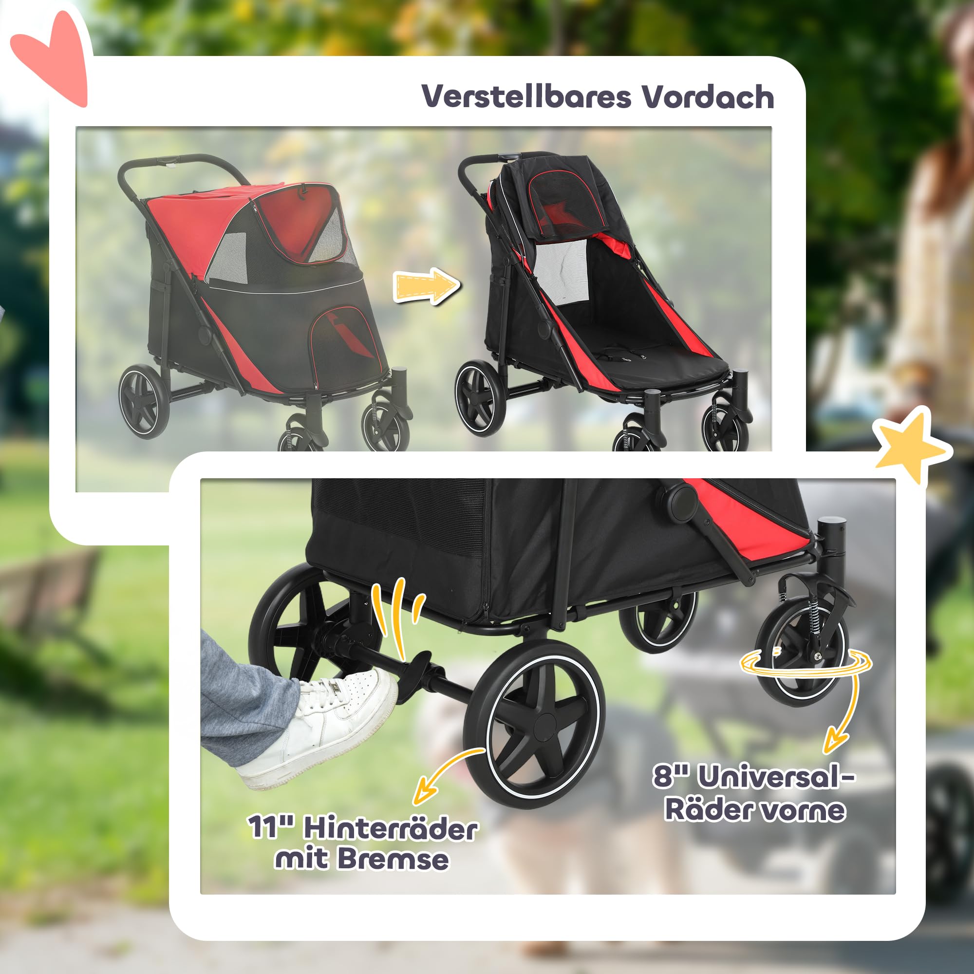 PawHut Hundewagen, Hundebuggy mit Kissen, Faltbarer Hundetrolley, Katzenbuggy für große und mittelgroße Hunde, Hundetrolley mit Netzfenster, Sicherheitsleinen, Tasche, Oxfordstoff, Rot