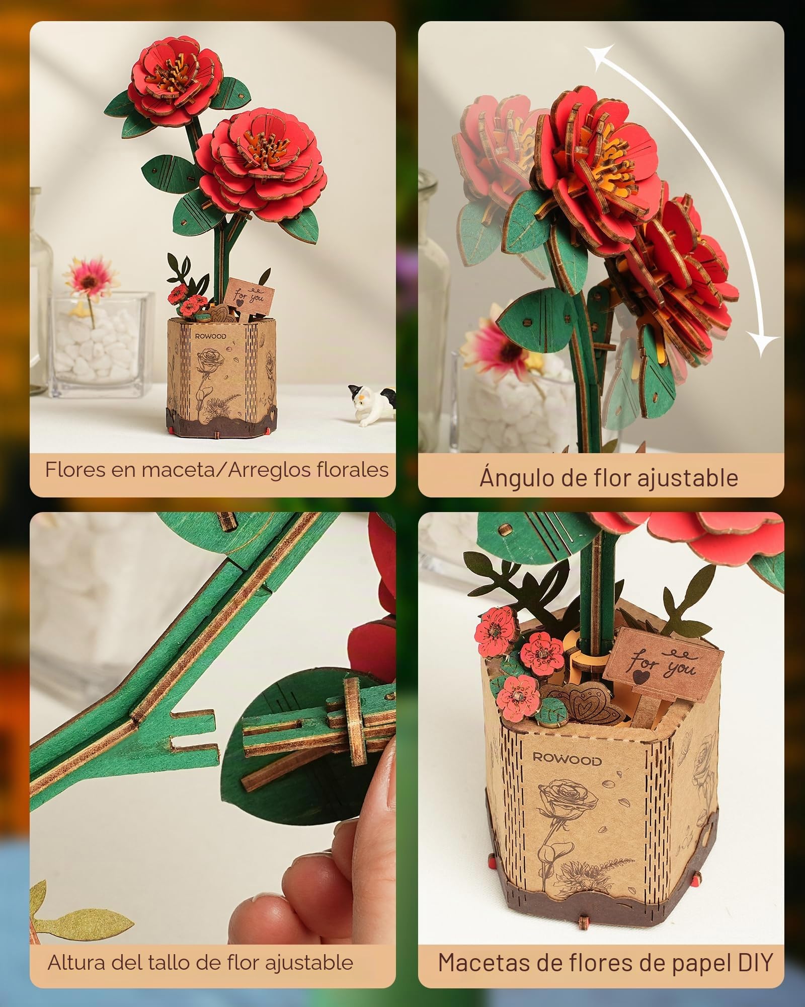 rowood Puzzle 3D DIY Flor de Madera Maqueta de Flores Artificiales para Montar Adultos (Red Camellia)