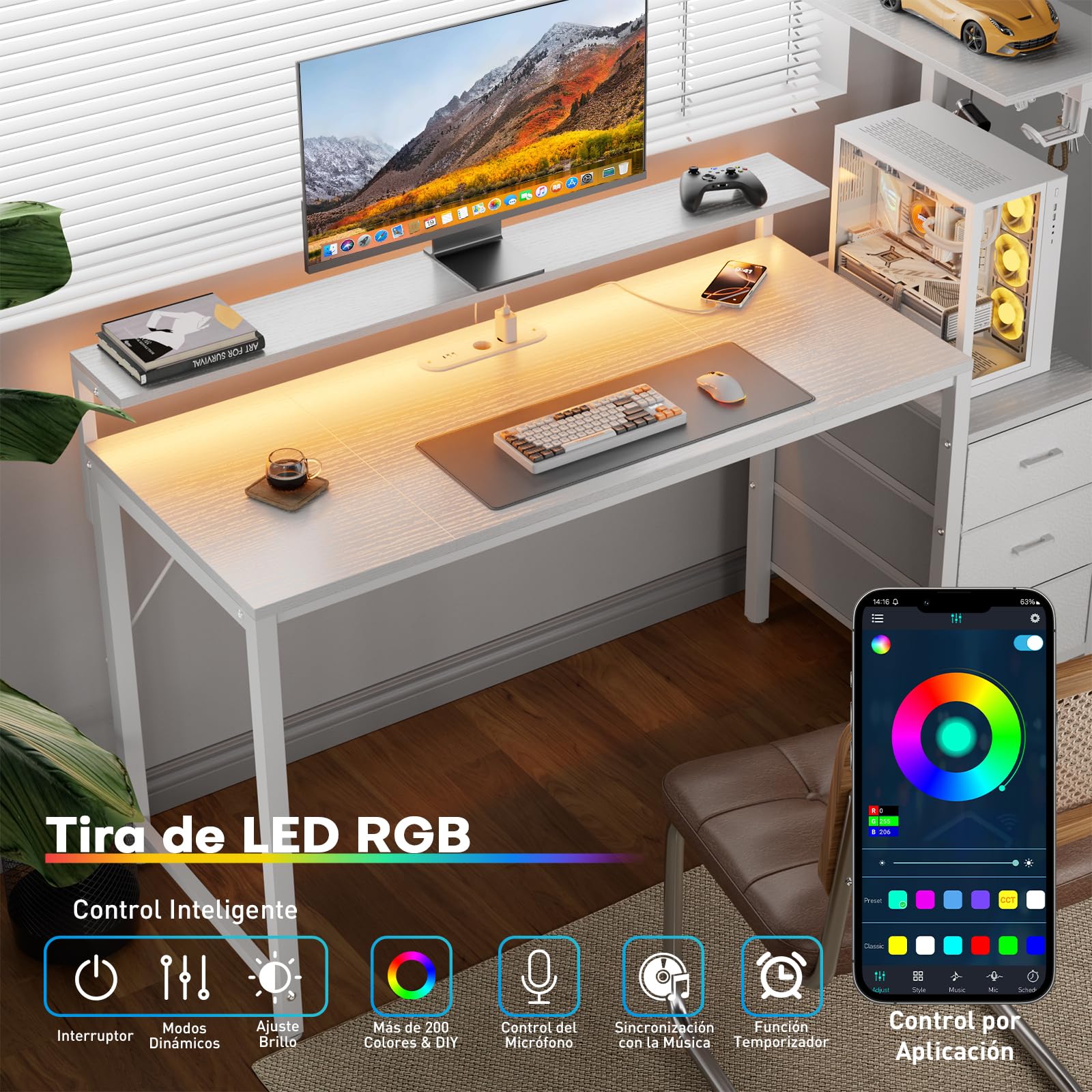 SOLAVERO Escritorio Gaming con LED y Enchufe Integrado, 112cm Mesa Gaming Reversible con Estanteria & Cajones de Tela, Mesa Ordenador con Soporte para Monitor y Gancho para Auriculares, Blanco