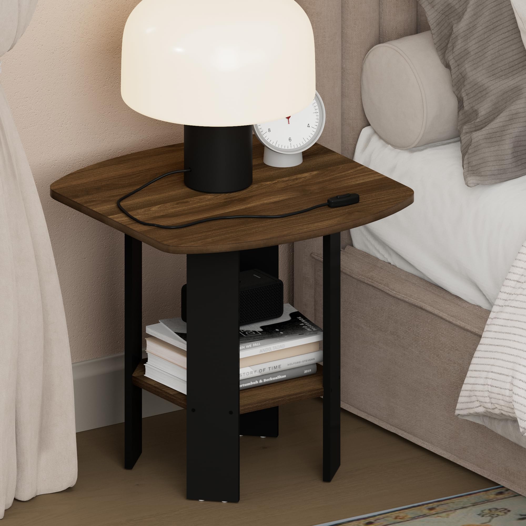 Furinno TIDUR Night Stand, 2-Tier Open Shelf Design Nightstand with Storage Shelf, Round Corner Bedside Table, End Table, Side Table, for Bedroom, Closet, Living Room, Columbia Walnut