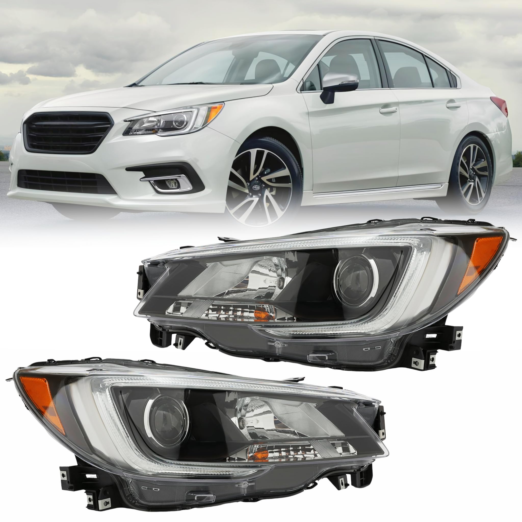 For 2018-2019 Subaru Legacy/Outback Headlight Assembly - Halogen+LED Headlamp, Left Driver Side & Right Passenger Side, Black Housing, Clear Lens, w/