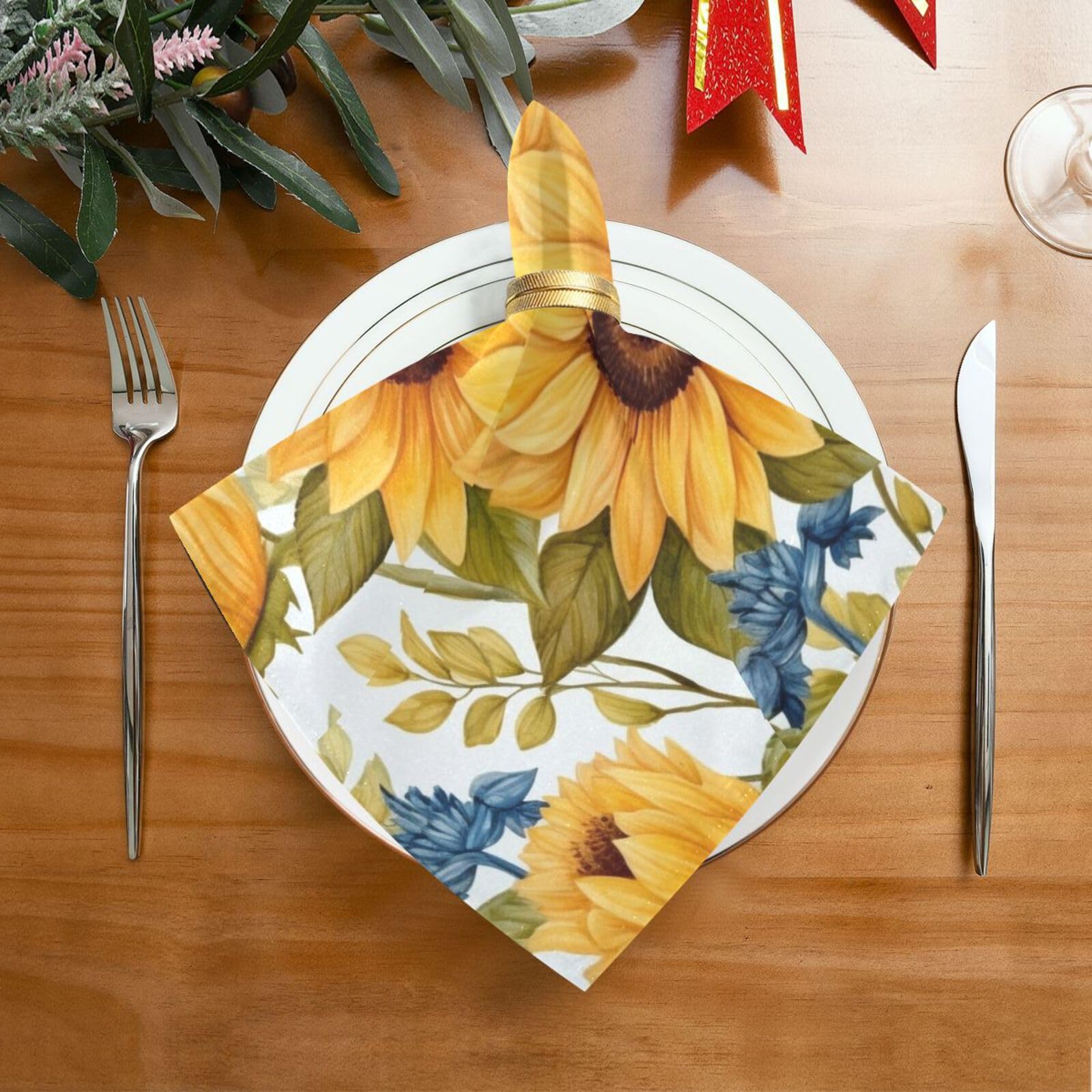 Bulletgxll Yellow Sunflower Cloth Napkins 20 x 20 Inch Washable Reusable Dinner Napkins Soft Table Dinner Napkins Cloth for Wedding, Parties, Dinner, Set of 6