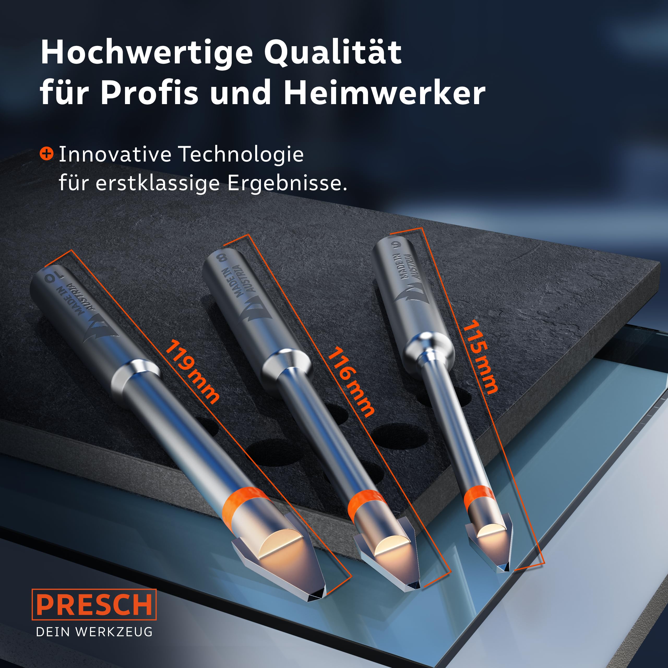 Presch Fliesenbohrer Set 3tlg. | ⌀ 6mm, 8mm,10mm | Feinsteinzeug Bohrer für harte Fliesen, Keramik, Glas und Porzellan | Profi Keramikbohrer, Porzellanbohrer inkl. Box