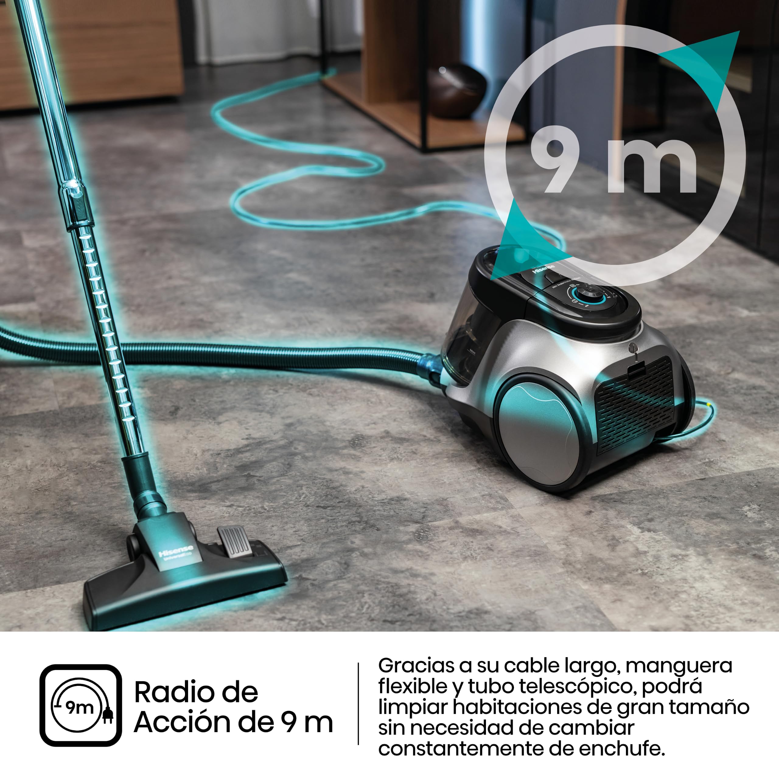 Hisense HVC20E3H2TPA Aspiradora Trineo ciclónica sin Bolsa, Cepillo HI2 Textil y Mascotas, Potente succión de 160W, Tubo telescópico metálico y Boquilla con Cepillo 2 en 1 para Suelos Duros