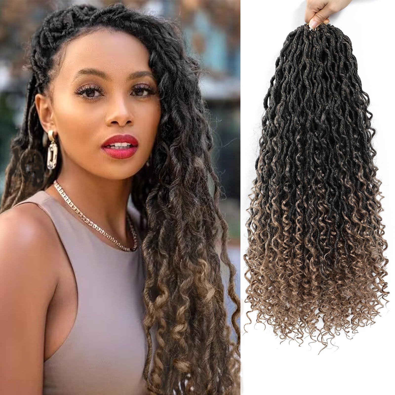 Alicoco Goddess Locs Crochet Hair 24 Inch 8 Packs Faux Locs Crochet Hair For Women Boho Locs Pre-looped River Crochet Locs With Curly Ends (24 Inch (