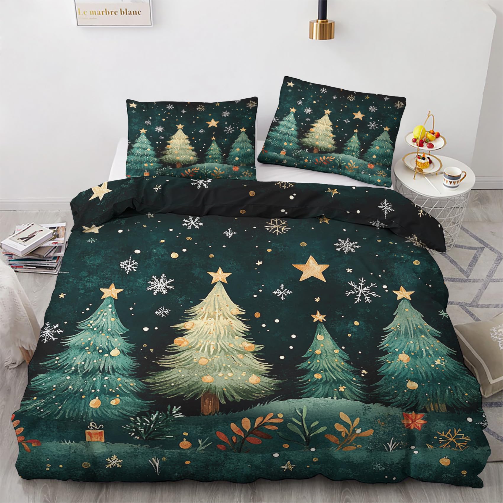 Nogawa Multicolor Christmas Tree Bedding Double - Xmas Green Double Duvet Set - Reversible Quilt Cover & 2 Pillowcases With Zip And Ties, Ultra Soft And Non Iron Brushed Microfibre Bed Set