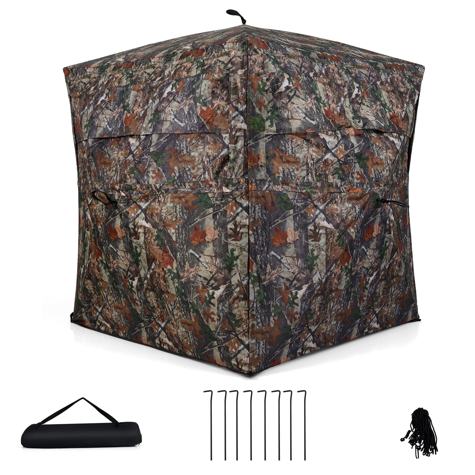 HOMASIS Persiana de Caza Portátil, Cobertizo de Camuflaje con Visión de 360°, Cobertizo de Caza de Ciervos y Pavos con Ventanas y Bolsa de Transporte, para 2-4 Personas, Camuflaje