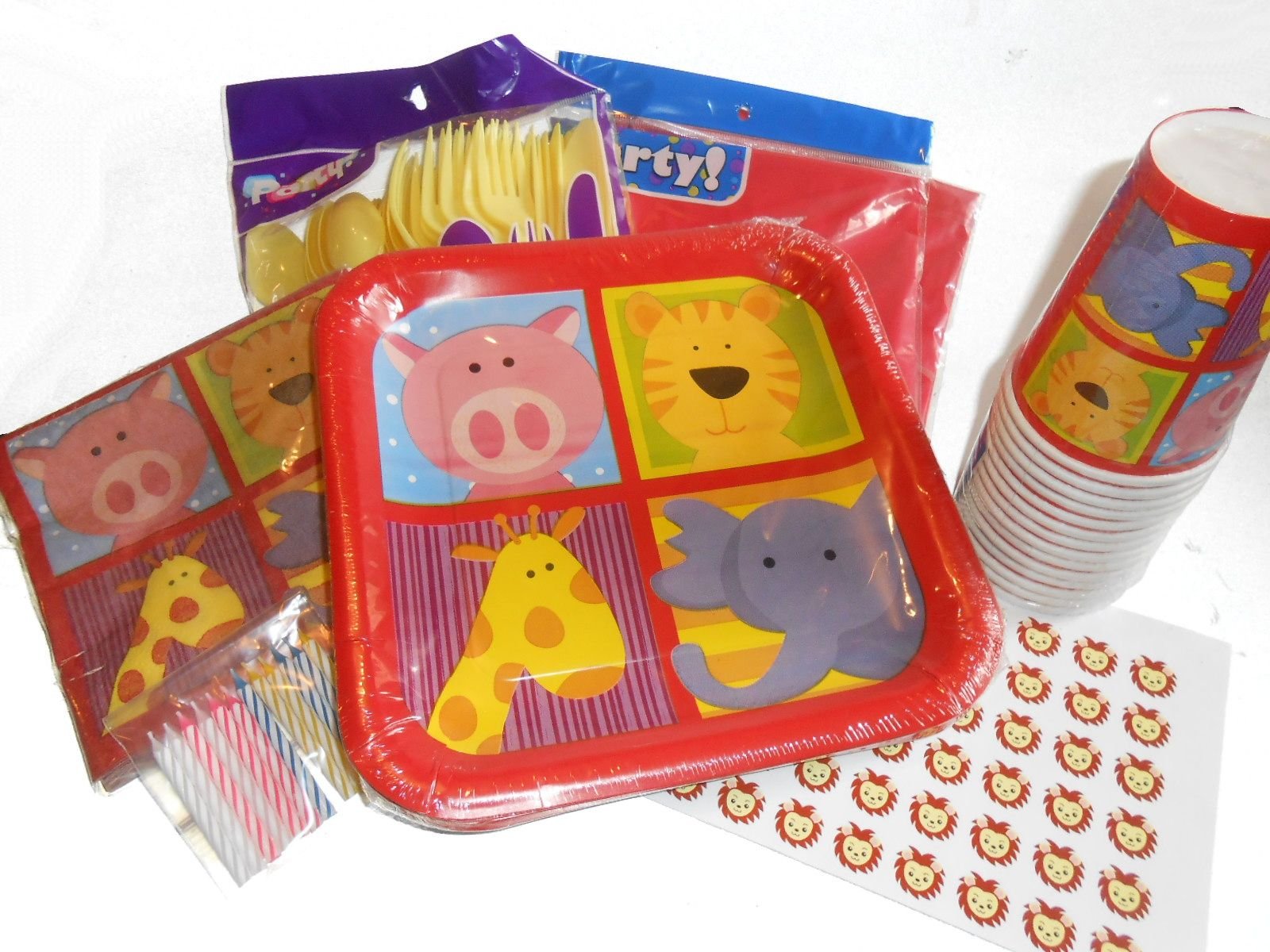 Cartoon Jungle Animals Party Supplies - Plates, Napkins & Cups. Plastic Silverware, Tablecover, Candles