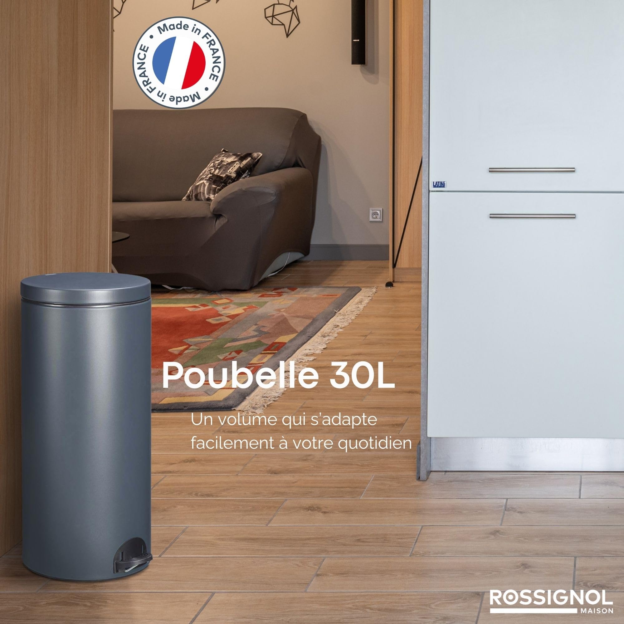 ROSSIGNOL Poubelle de cuisine, Poubelle 30L, Poubelle à pédale, Fabrication française, Fermeture silencieuse, Seau intérieur amovible avec anse, SANIA
