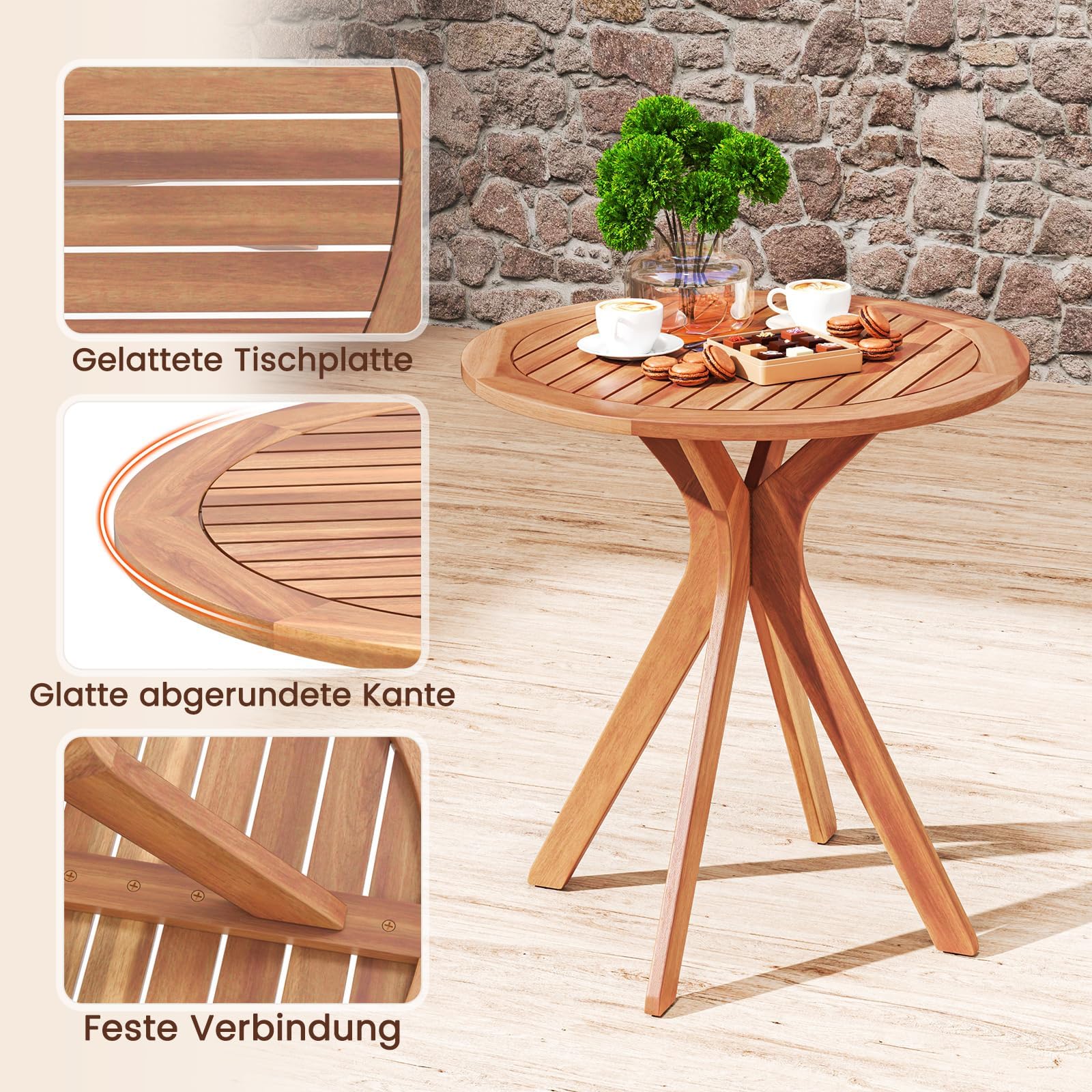 FANTASK Beistelltisch aus Akazienholz, Gartentisch wetterfest, Balkontisch, Bistrotisch für Garten, Balkon, Terrasse, Ø 70 cm runder Holztisch, 70 x 70 x 76 cm