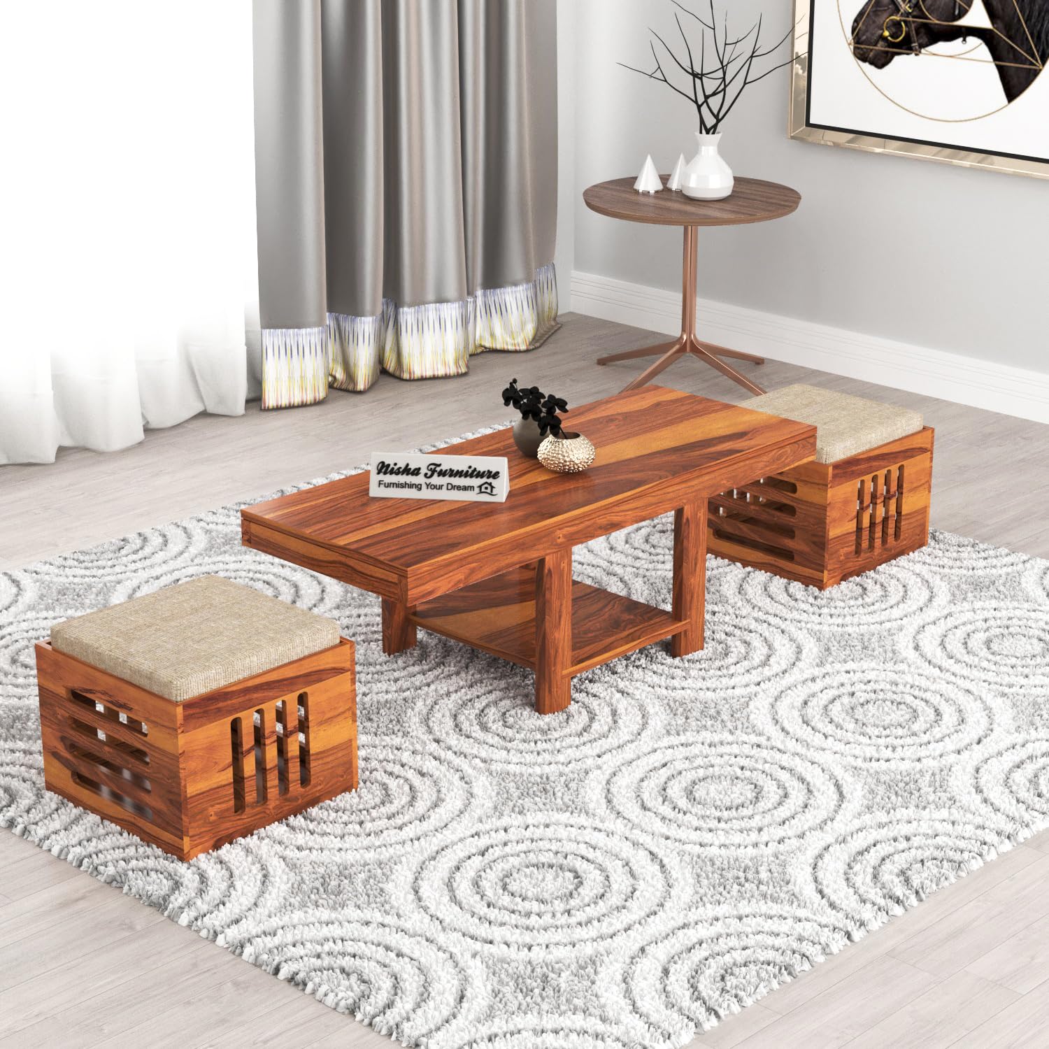 NISHA FURNITURE Solid Wood Coffee Table with 2 Stools for Home, Office | Wooden Center Coffee Table for Living Room, Sheesham Wood Center Teble with Shelf Storage, Arban- Honey Finish