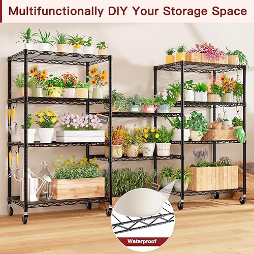 Miniatura 4 de PrimeZone Estantería de alambre con ruedas, estantes de almacenamiento de metal resistente con certificación NSF ajustables de 5 niveles, estante