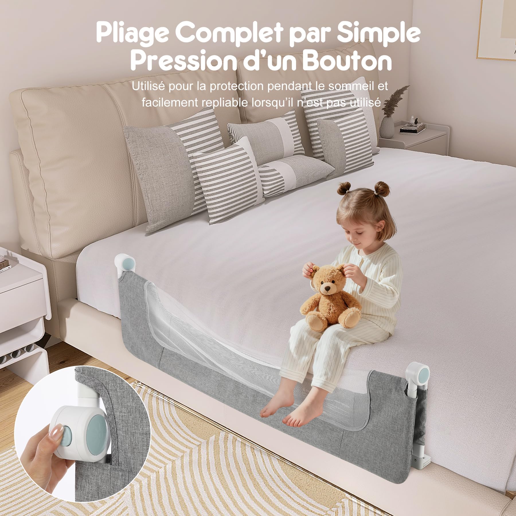 Barrière de Lit Enfant 120 cm Repliable sans Perçage, Base Élargie Anti-Collision