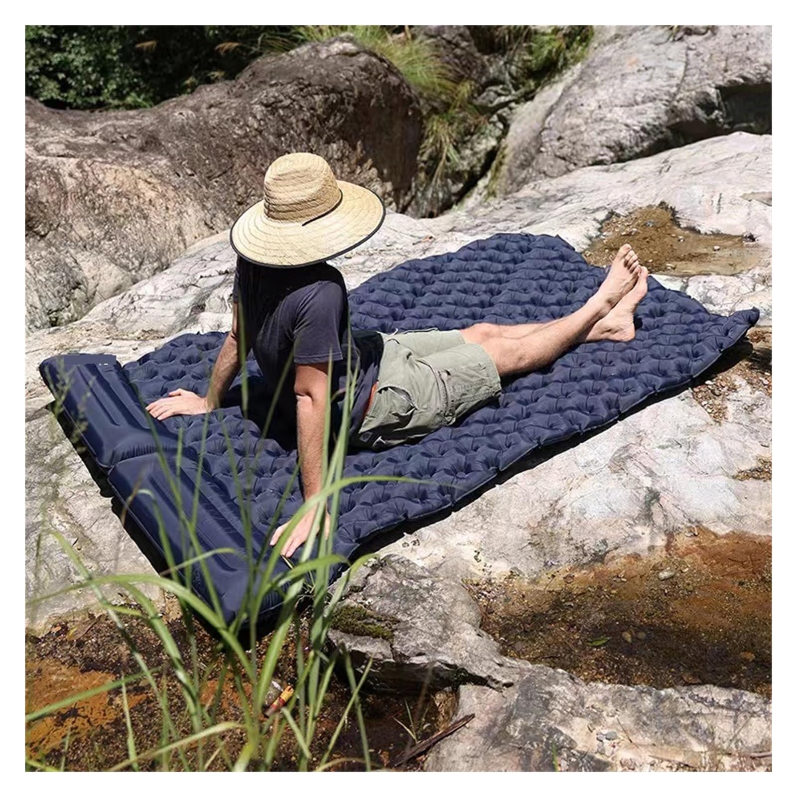 Mata kempingowa Outdoor Camping Podwójny nadmuchiwany materac Bardzo szeroka karimata Ultralekka składana mata do spania Mata podróżna do samochodu Wygodna (granatowa)