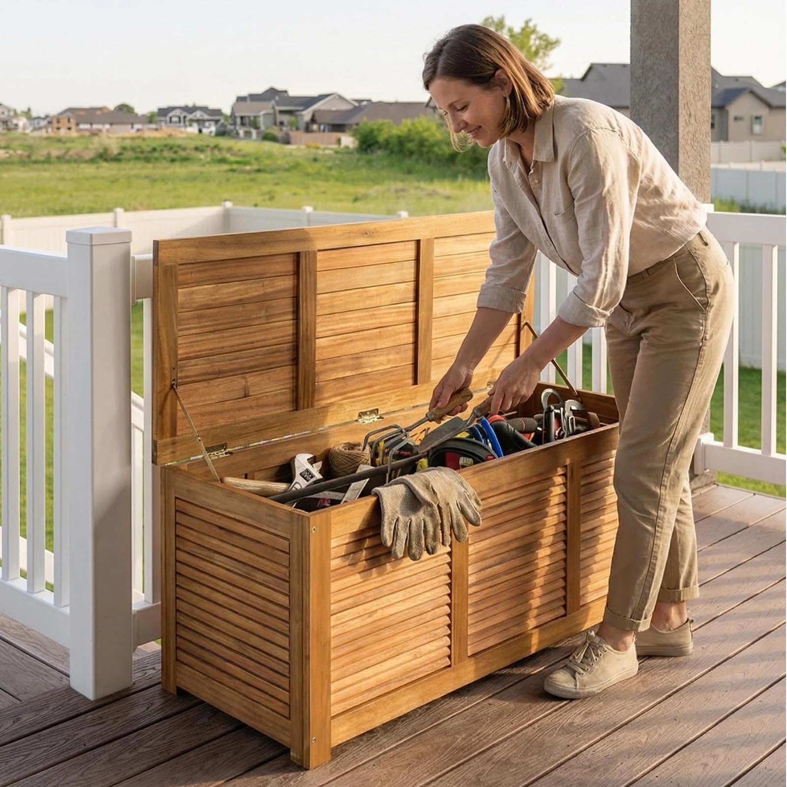 KOMFOTTEU Cassapanca da Giardino con Coperchio Antipolvere e Maniglia | Baula Contenitore in Legno di Acacia da Esterno e da Interno, 178L, 120 x 45 x 45 cm