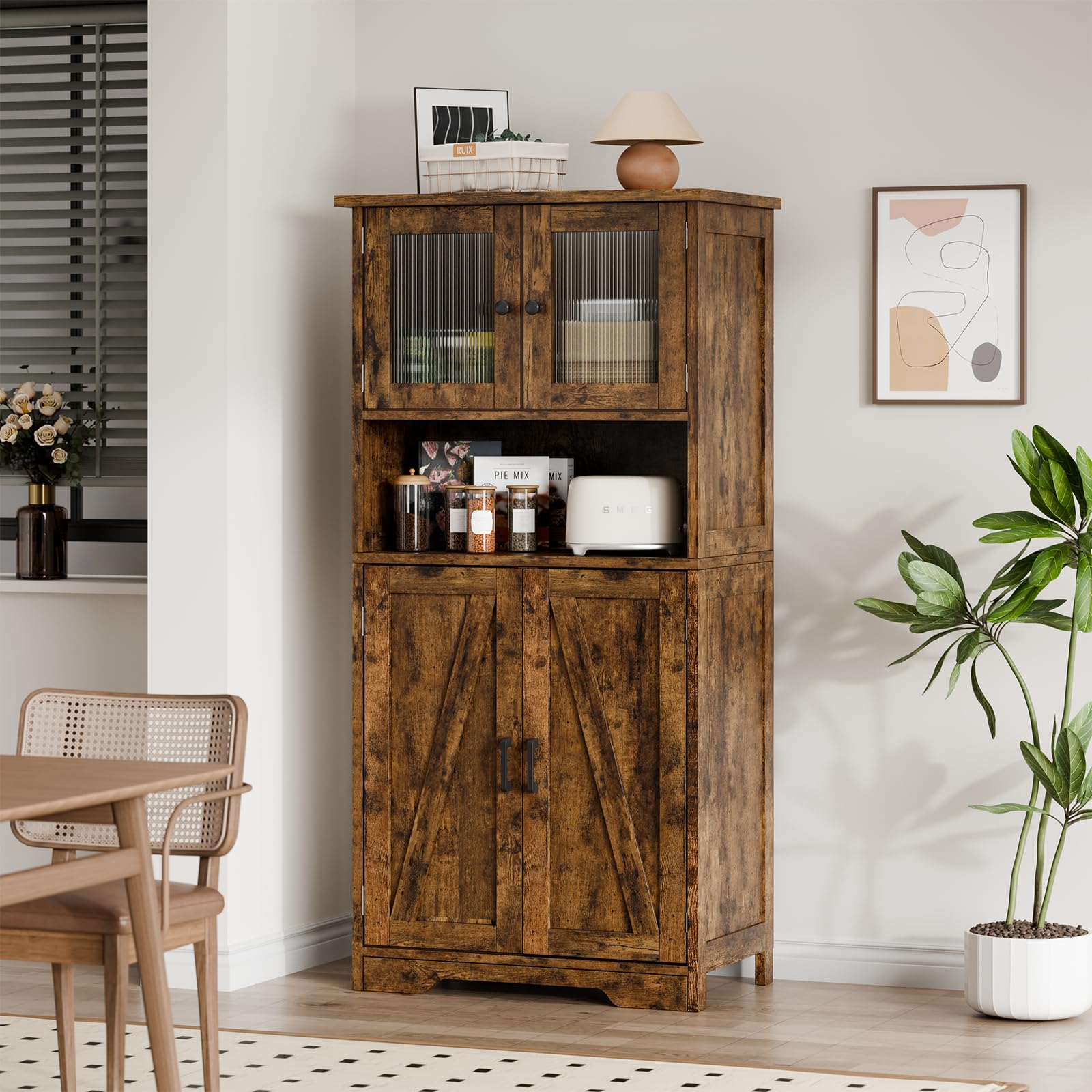 Zstar 50.4" Gabinete De Almacenamiento Grande De MDF con 4 Puertas y 1 Compartimento Abierto, 2 Puertas De Vidrio, Estantes Ajustables para Cocina, Dormitorio, Sala o Pasillos, Marrón.
