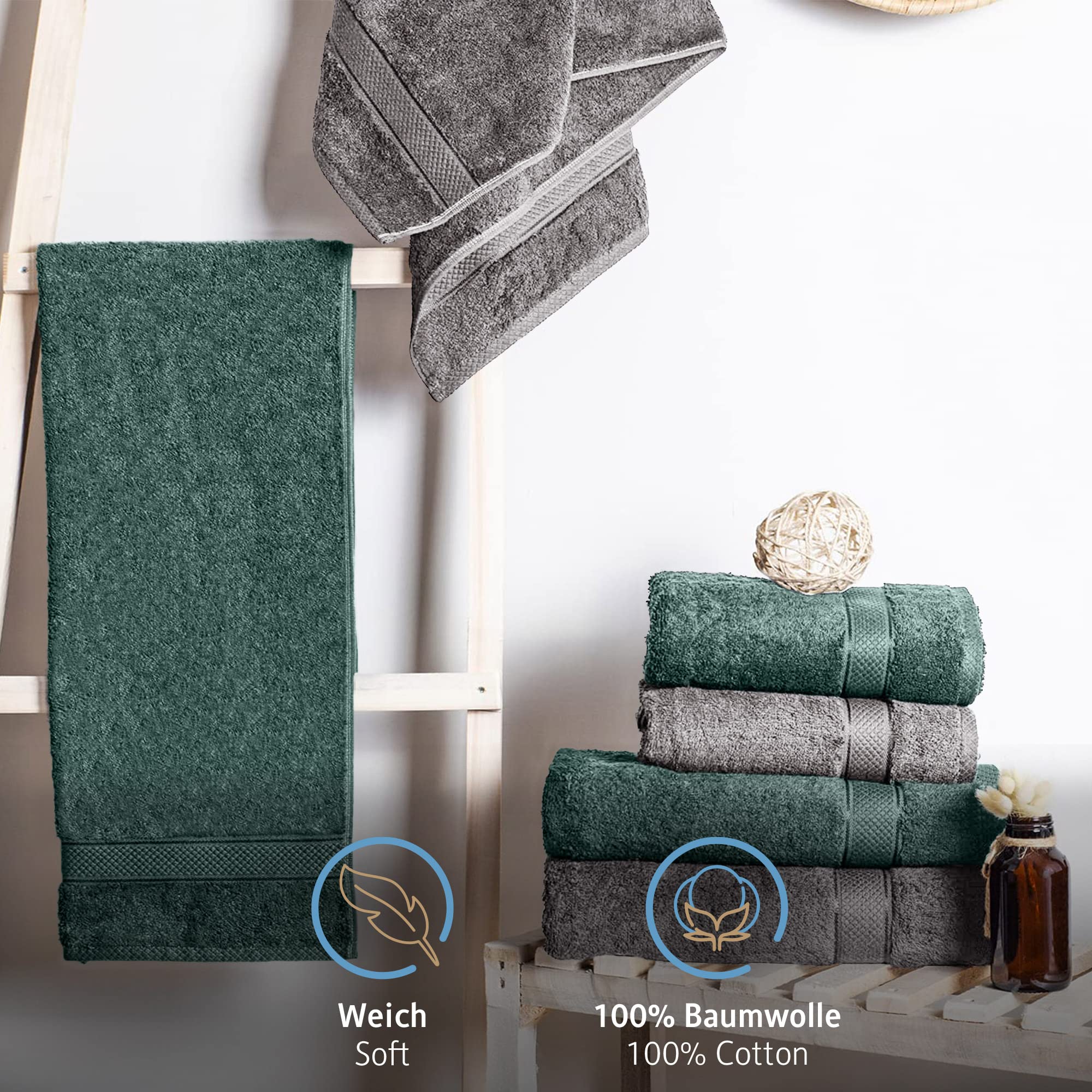 Komfortec Set di 6 asciugamani in 100% cotone, 2 teli da bagno da 70 x 140 cm e 4 asciugamani da 50 x 100 cm, spugna, morbido, antracite grigio/verde scuro
