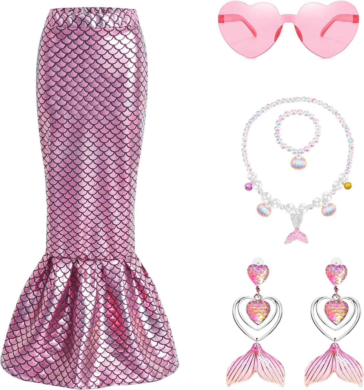 Girls Shiny Mermaid Skirts Dress Outfits Festival Long Skirt with Same Color Accessories 4-12 Years