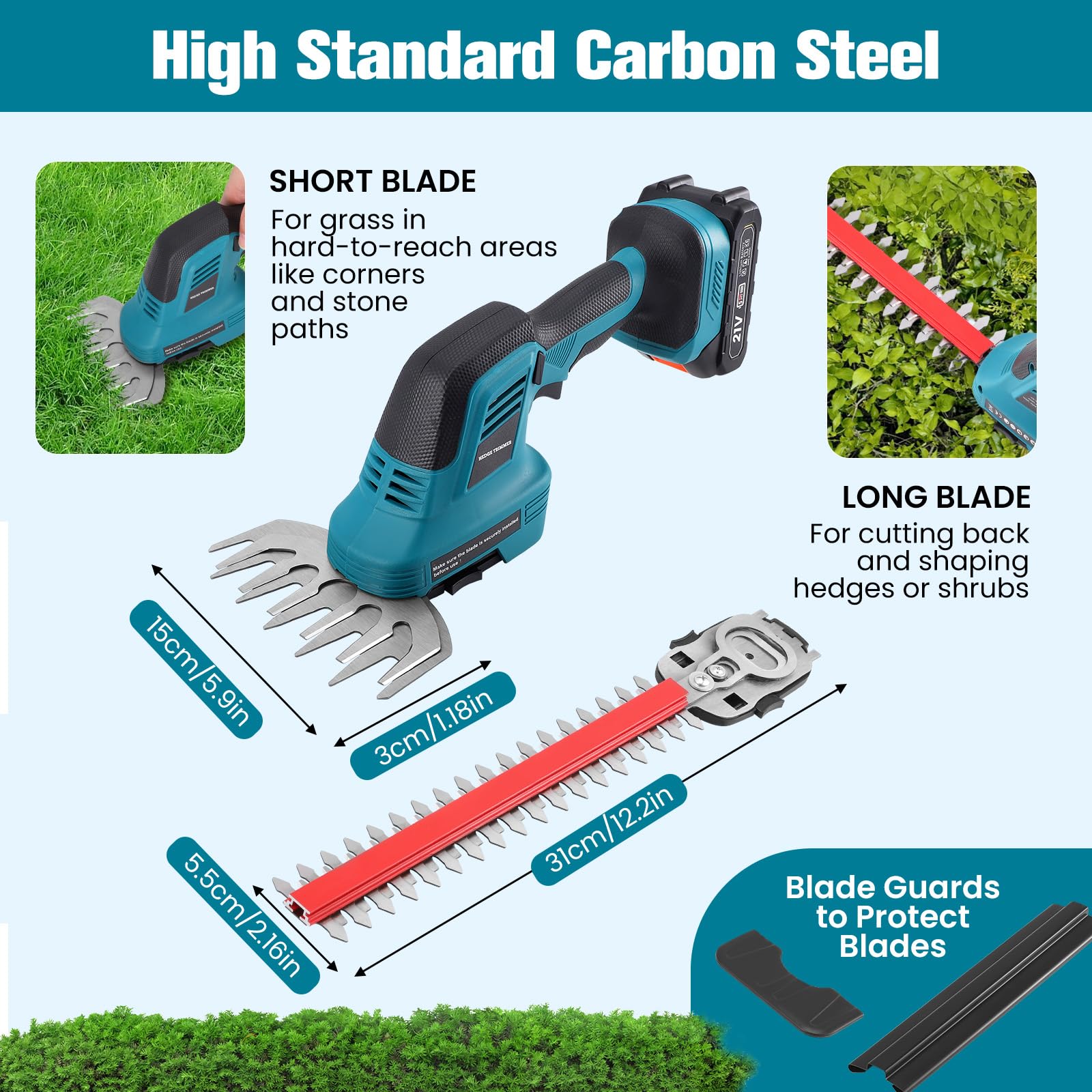 Cortasetos Inalámbrico 21V, 2 en 1 Césped Eléctrico con 2 Baterías de 1500mAh y 2 Cuchillas, Hoja Larga 31 cm/Hoja Corta 15 cm, para Jardín, Césped, Arbustos