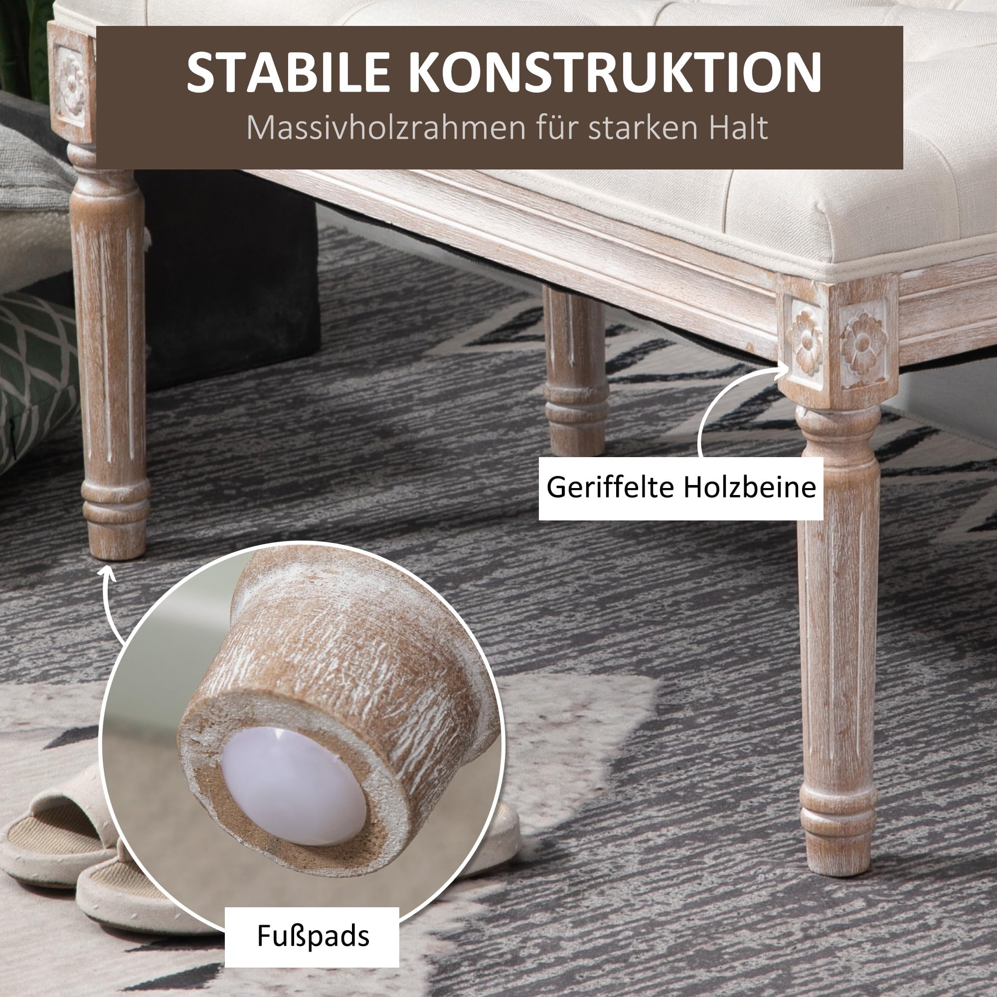 HOMCOM Sitzhocker Fußstütze Holzbein Wohnzimmer Schlafzimmer Cremeweiß | Polsterbank mit Leinenoptik, Fußhocker mit Gepolstertem Sitz, Ottomane