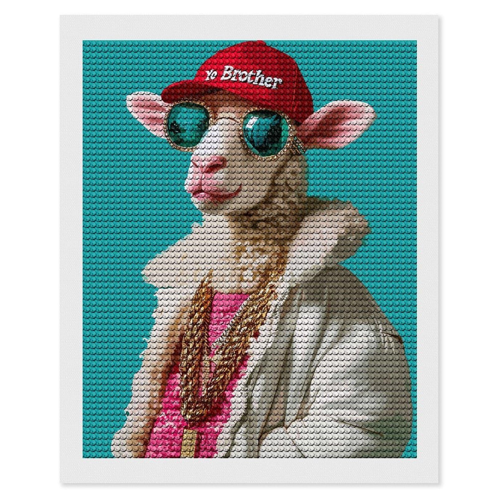 Junmoney Hipster Sheep Crystal Diamond Art Kit 16"x20", Modern Decor, Boho Decor, Wall Art Gift, Decorative Artwork, Creative Hobby