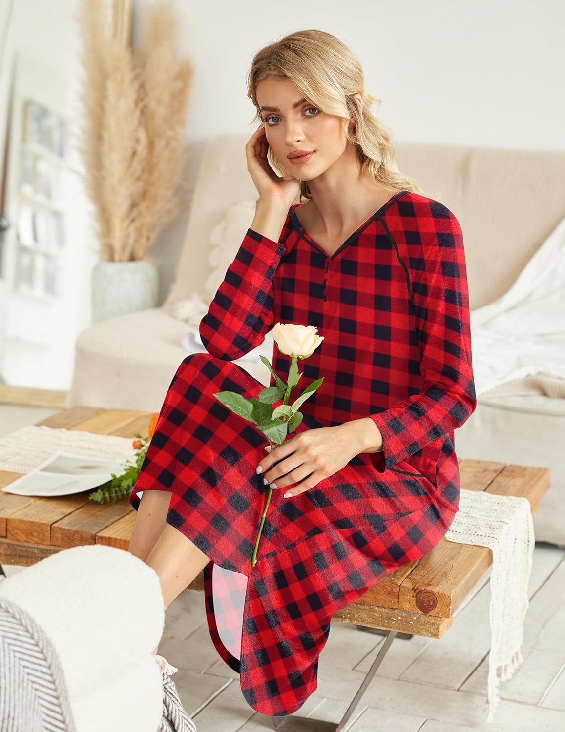 Ekouaer Women's Nightgown V-Neck Loungewear Long Sleeve Sleepwear Full Length Nightgown for Women S-4XL - Image 2