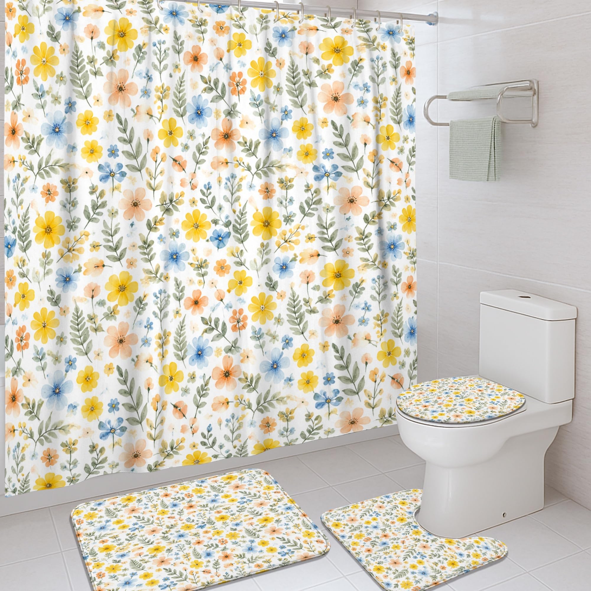 Rideau de douche en tissu imperméable jaune floral 183x183 avec tapis de baignoire de protection