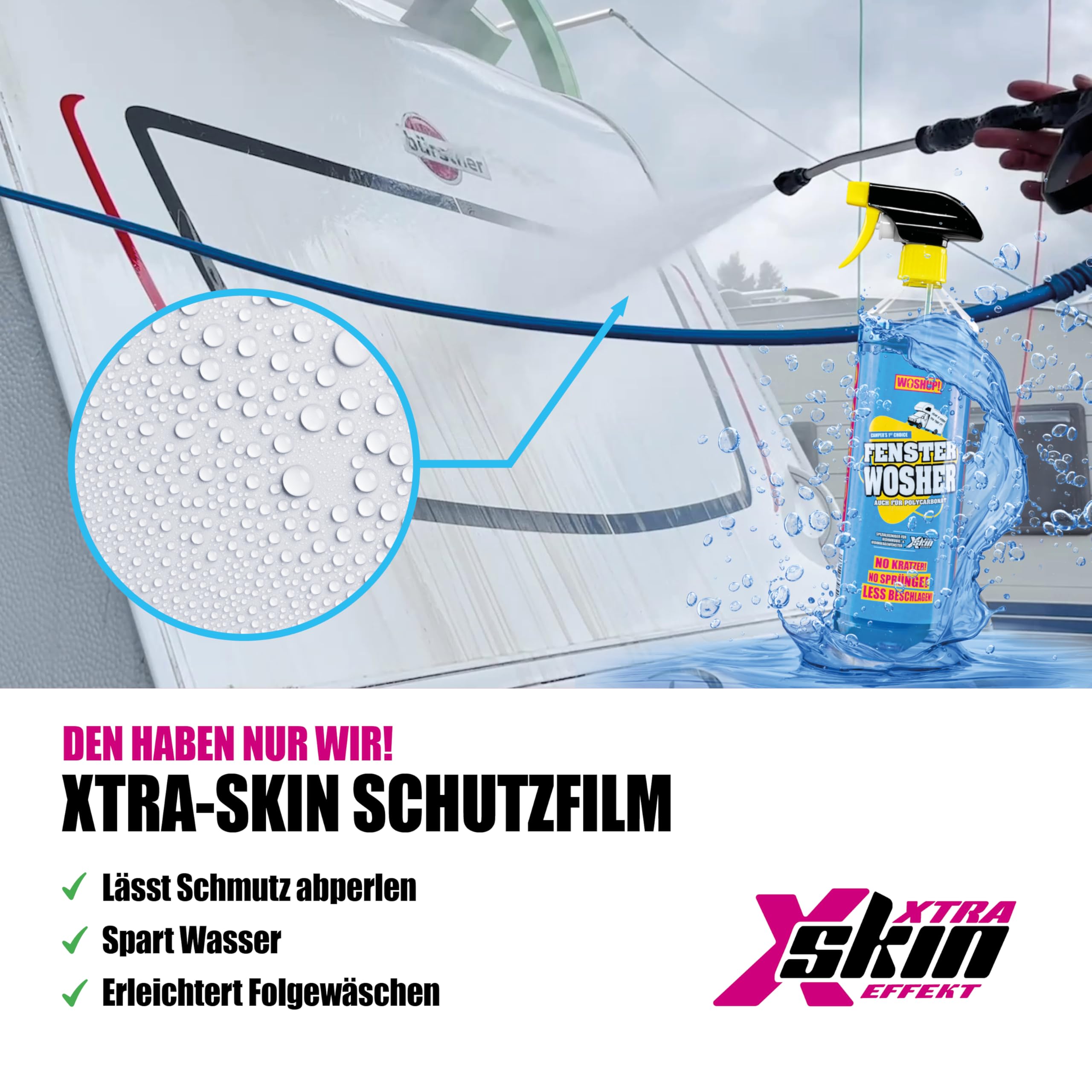 Fensterreiniger Xtra Skin Schutzfilm 10000 ml Glasreiniger für Plexiglas Acrylglas Scheibenreiniger für Wohnwagen, Wohnmobil, Auto, Caravan Streifenfreie Reinigung innen und außen