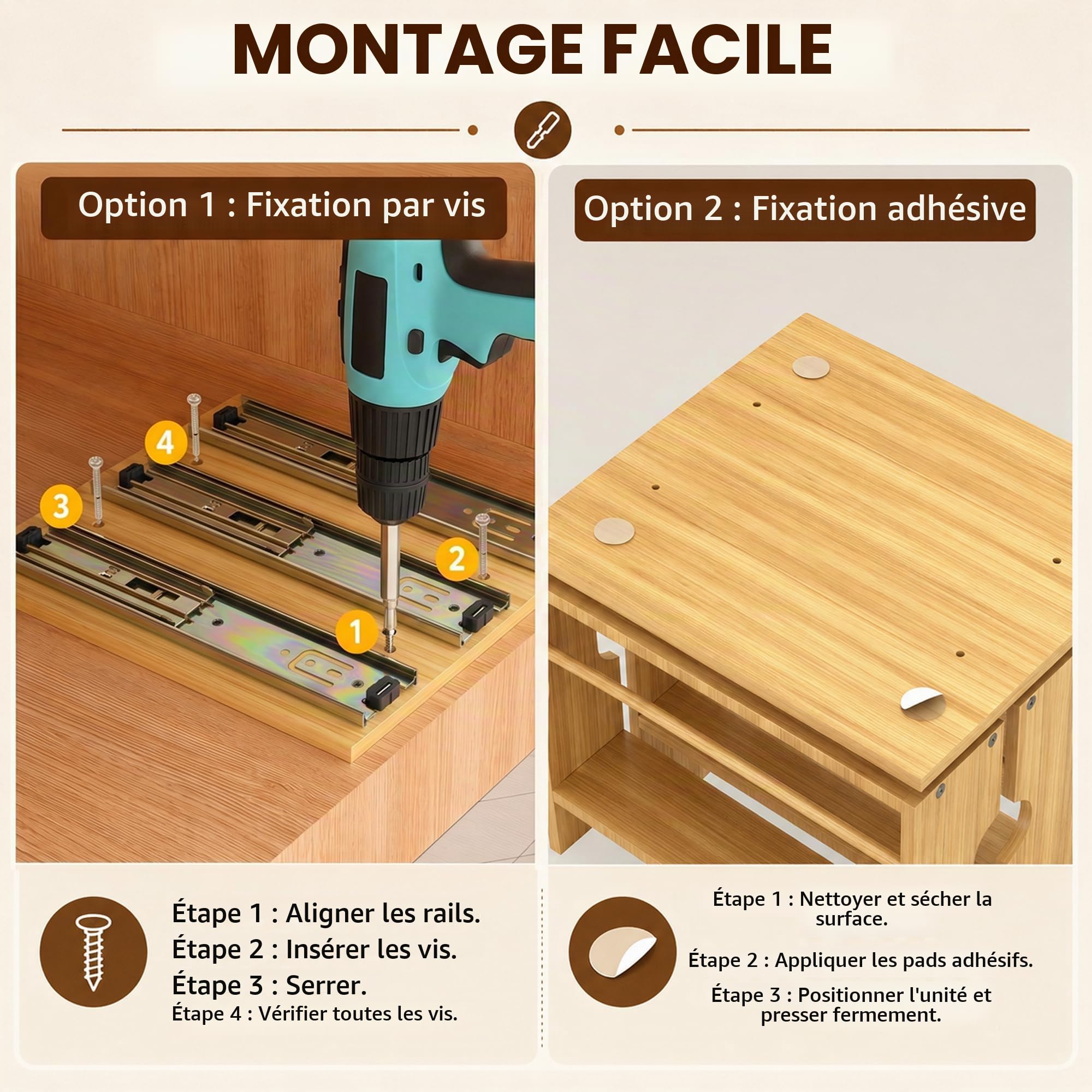 Étagère à épices extensible en bambou pour armoire de cuisine, 2 niveaux, 3 tiroirs, peu encombrant, robuste, pour épices, bois naturel