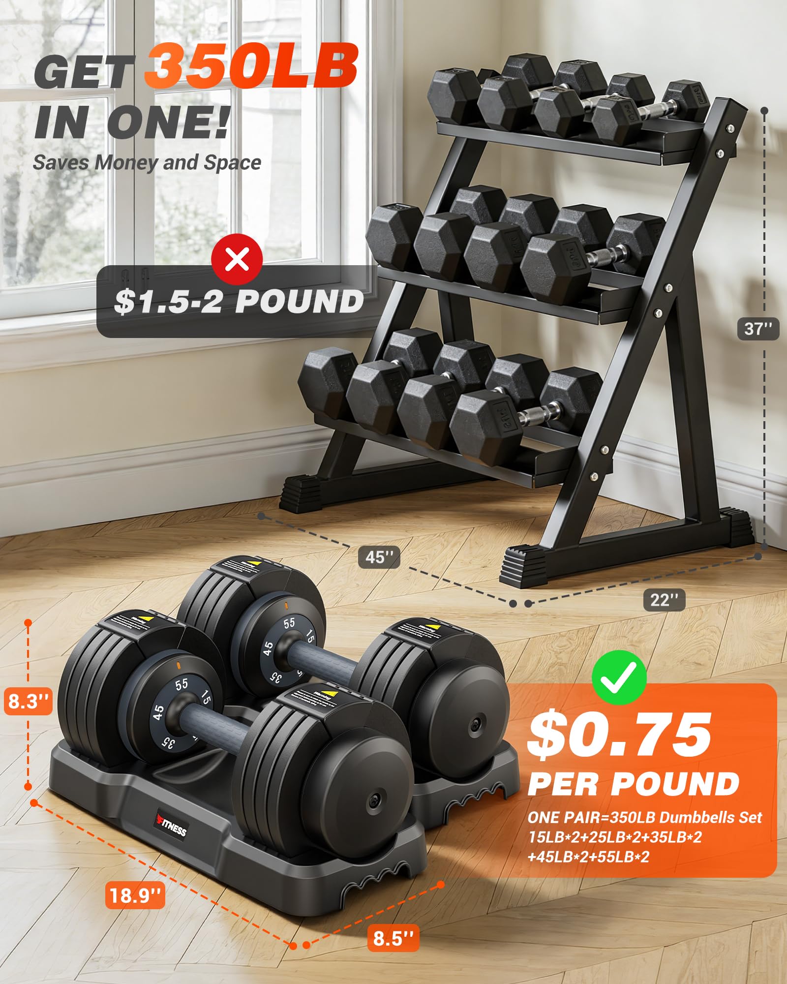 Adjustable Dumbbell Set, 25/55/80 LB Weight Set for Home Workout | 1-Sec Fast Weight Change, Non-Slip Secure Grip, Space-Saving Design with Storage Tray, Strength Training Equipment