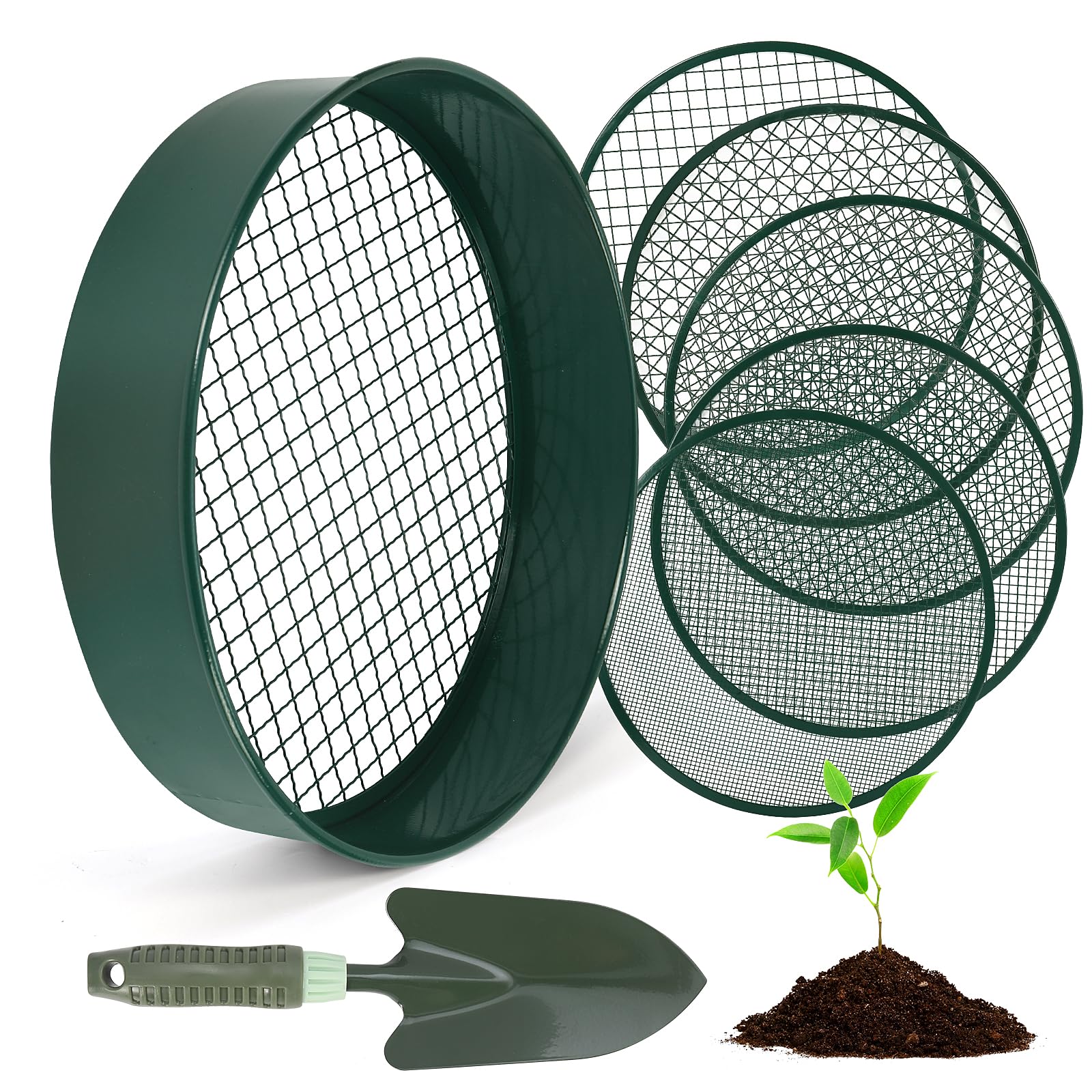 Setaccio Terreno per Giardinaggio, Setaccio Terreno in Acciaio Inox da 12 Pollici con 5 Schermi Fine Sostituibili, Guanti e Pala, Setaccio Sabbia, 3mm, 5mm, 8mm, 10mm, 12mm (Verde)