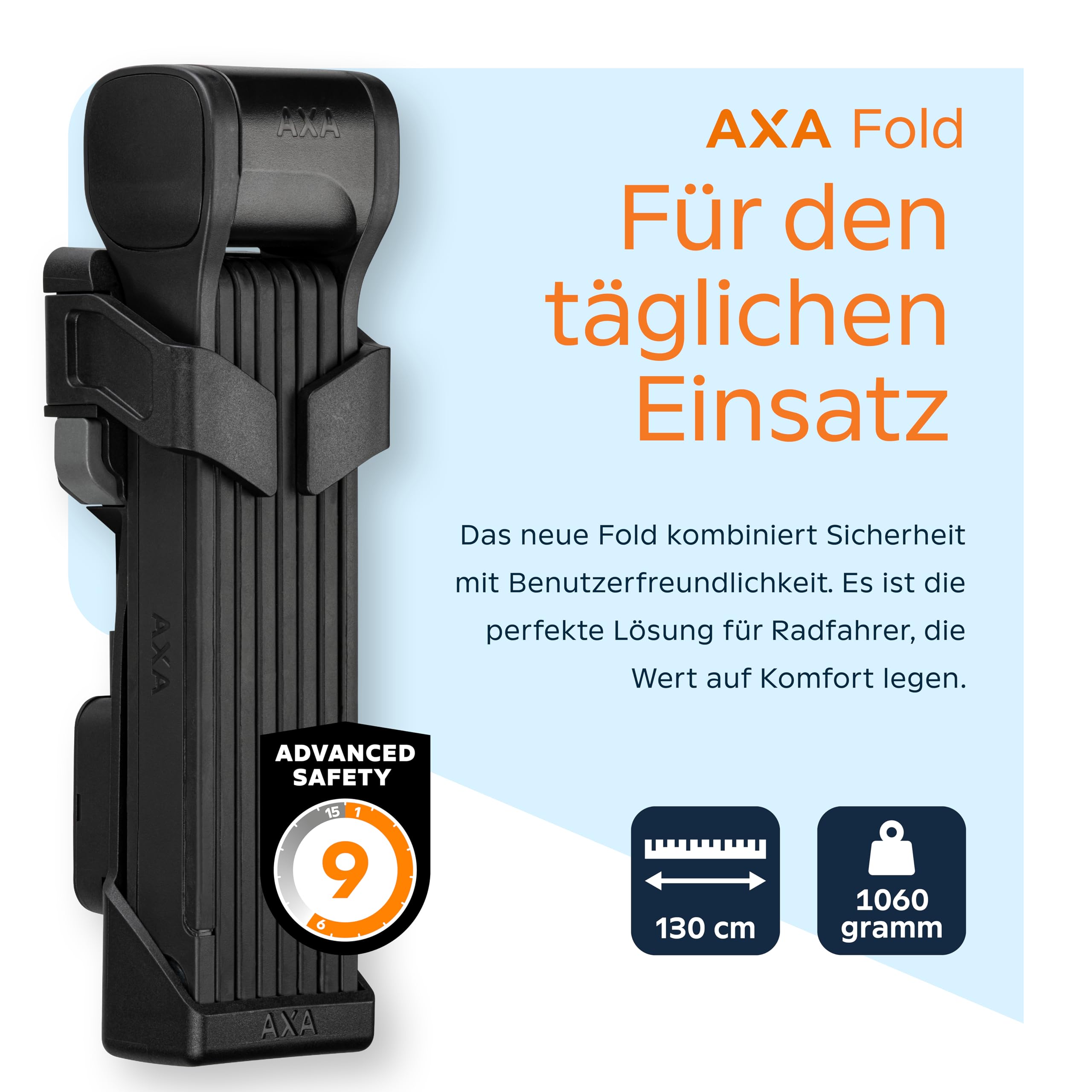 AXA Fold 130 Antivol Pliable – Longueur 130 cm – Niveau de sécurité 9 – Support avec Compartiment pour étiquette de Suivi – avec 2 clés