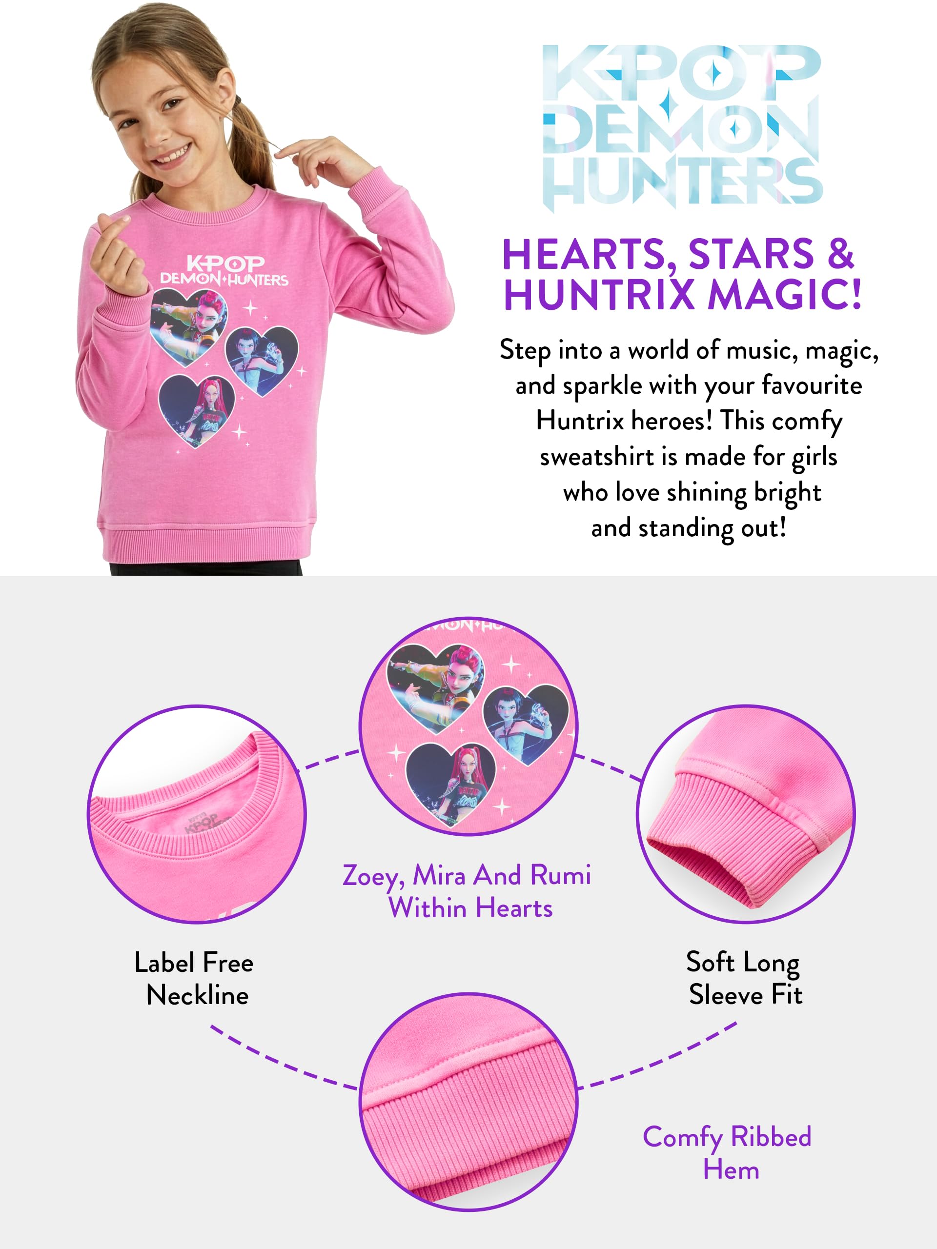 KPop Demon Hunters Pull, Sweat Enfant Mira, Rumi & Zoey, Kpop Hearts Huntrix Pull Fille