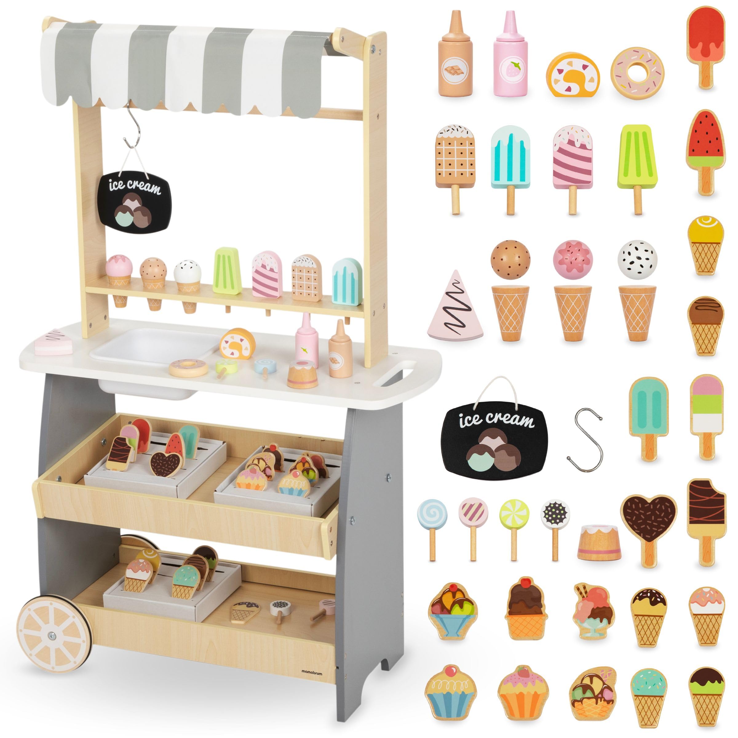 Mamabrum Holz Eisdiele für Kinder 3+, Rollwagen mit EIS, Spielen, Dezentes Design, Reichhaltige Accessoires, Entwickelt Kreativität und Soziale Fähigkeiten