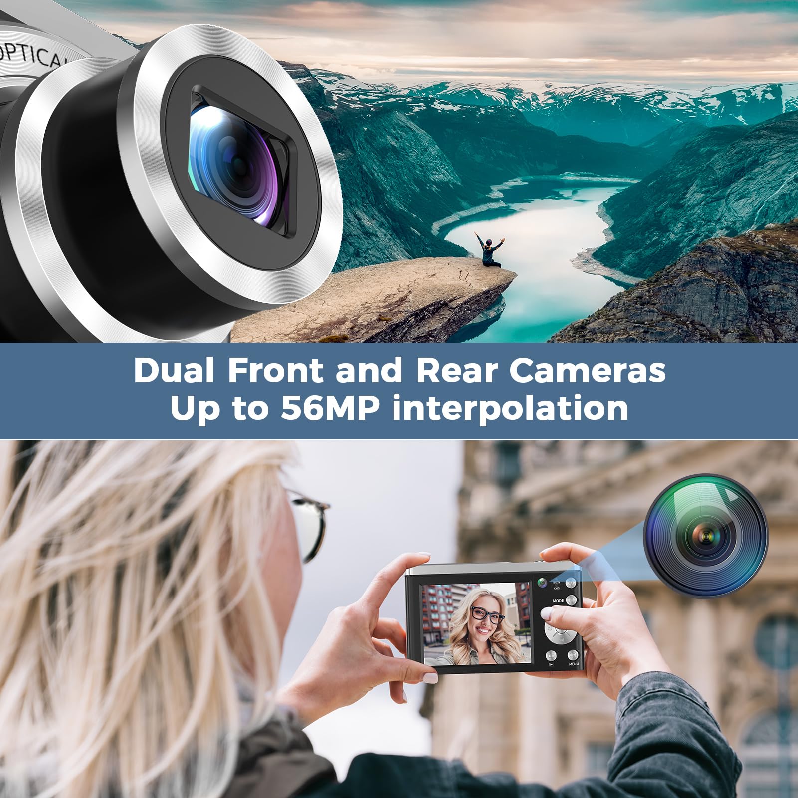 Fotocamera Digitale 5K, Lecnippy Fotocamera Vlogging con messa a fuoco Automatica da 56MP con Fotocamera Anteriore e Posteriore, Zoom Ottico 10X 6-Axis Anti-Shake, Touch Screen