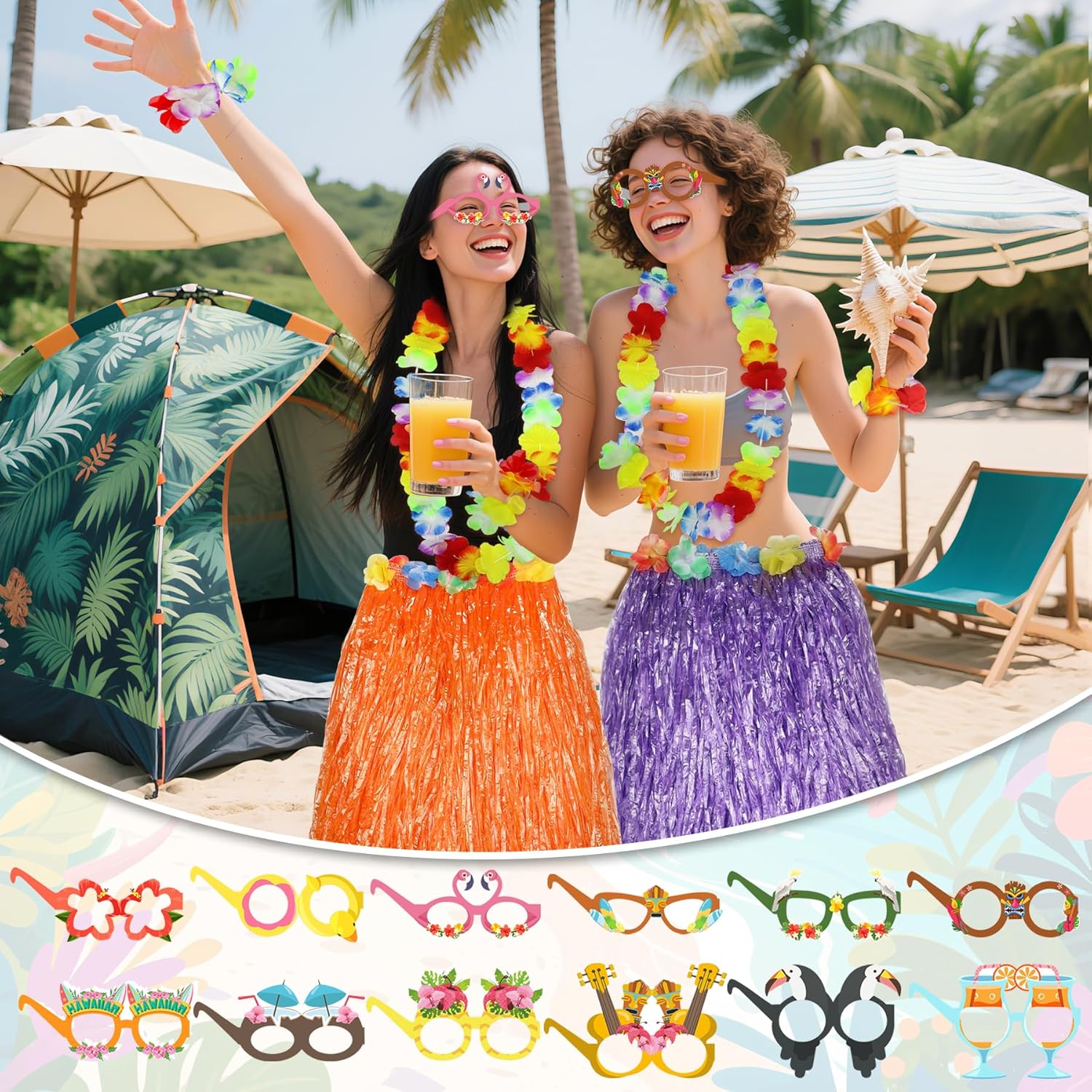 84 Pcs Hawaiian Party Supplies Set, Adjustable Grass Hula Skirts, Leis Headbands Wristbands, Hair Clips and Glasses for Tropical Beach Birthday Party Decorations & Bulk Favors for Adults - Image 5