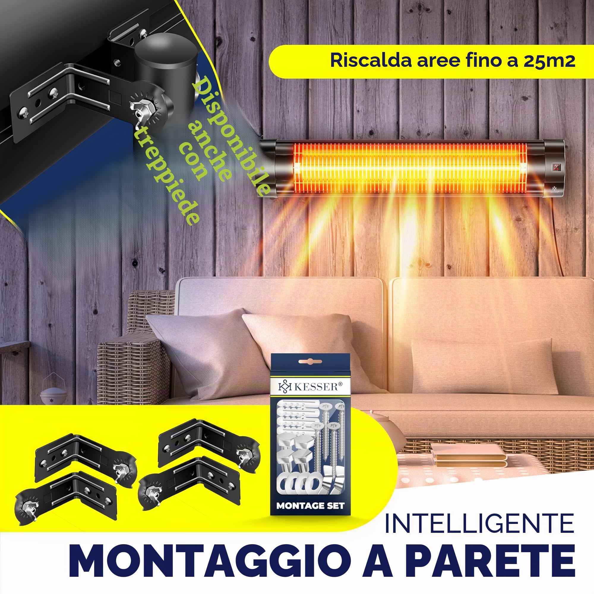 KESSER® Stufa a infrarossi da 2500 W, con telecomando, 3 livelli, riscaldamento istantaneo, supporto da parete, faretto da terrazza, faretto al quarzo, riscaldatore da terrazza, con custodia