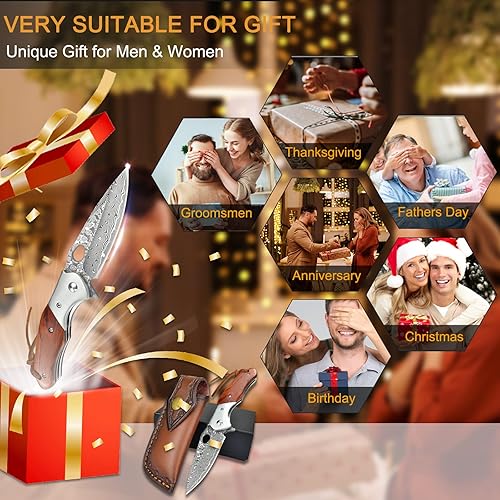 Vista 33 de KOMWERO Cuchillo de bolsillo de Damasco para hombres y mujeres, afilado VG10 Core Damasco cuchillo de acero para acampar al aire libre supervivencia