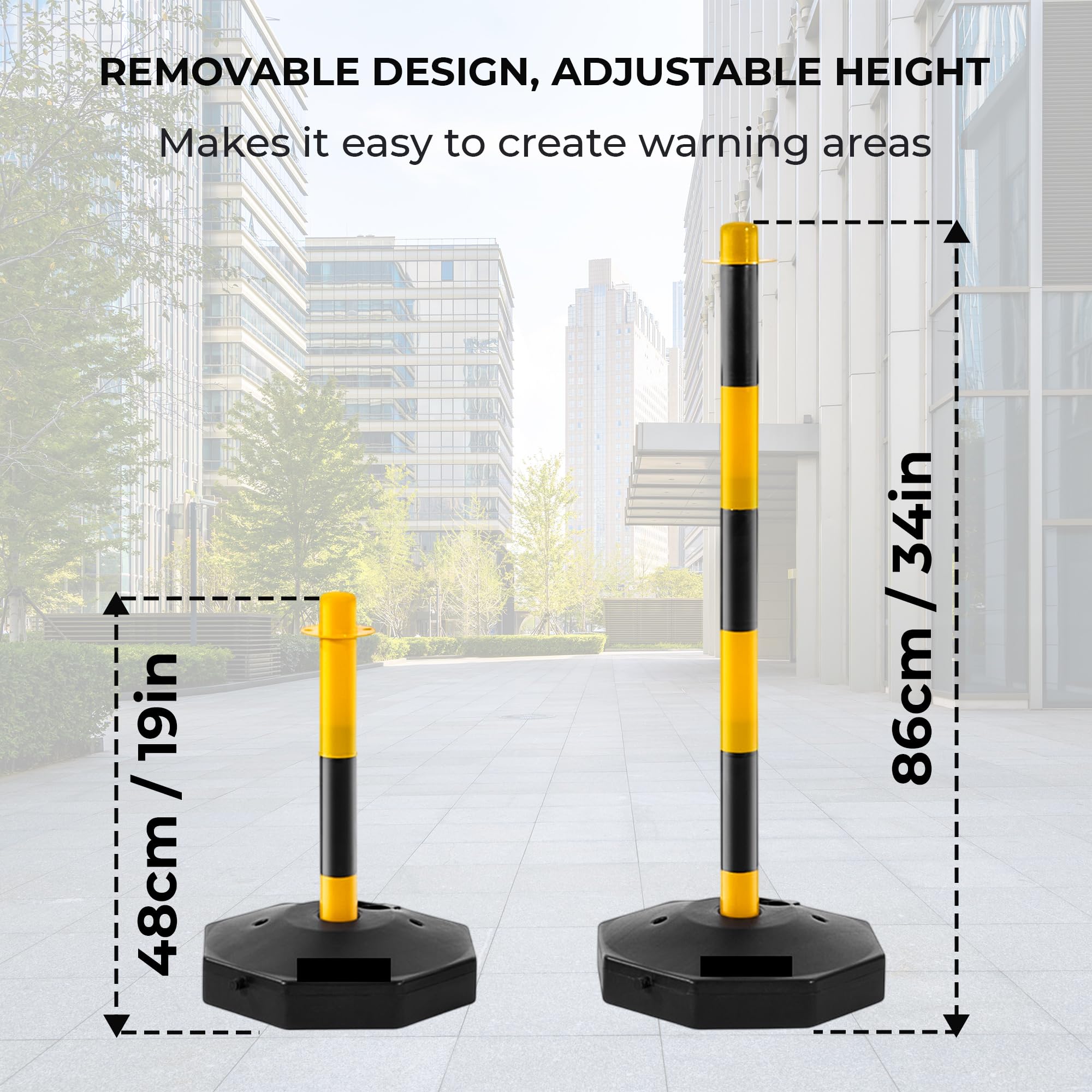 2 pali delineatori di sicurezza stradale – giallo e nero | Paletti barriera regolabili in altezza con base riempibile e catena in plastica da 2 metri | pali portatili per il controllo degli accessi e