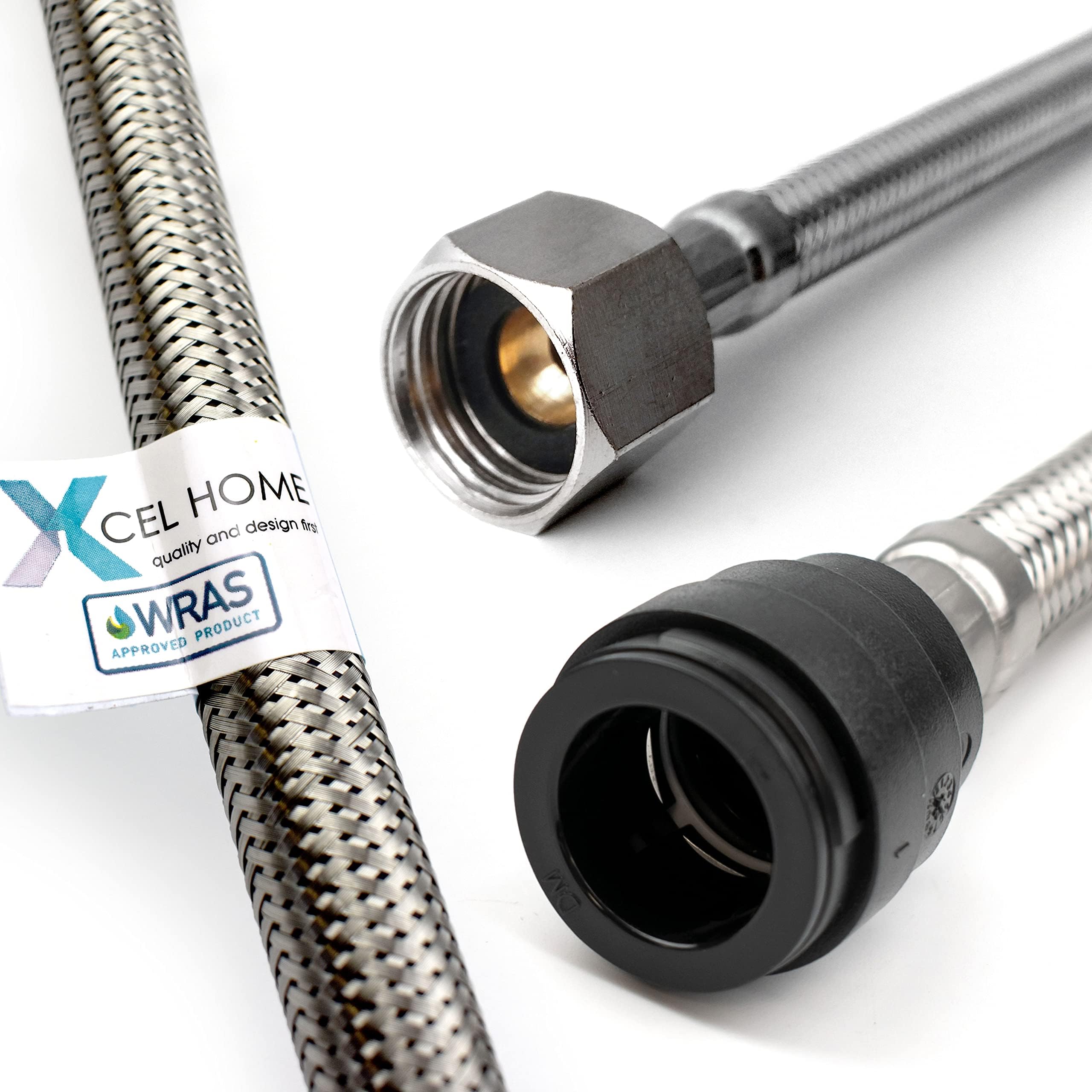 WRAS Approved PushFit Flexible Connector 22mm x 1/2" BSP (300mm Long) | 2 Lengths Available | Tap Connectors for Kitchen Sink/Bathroom Basin Stainless Steel Braided Flexi Tail | 1 Pipe