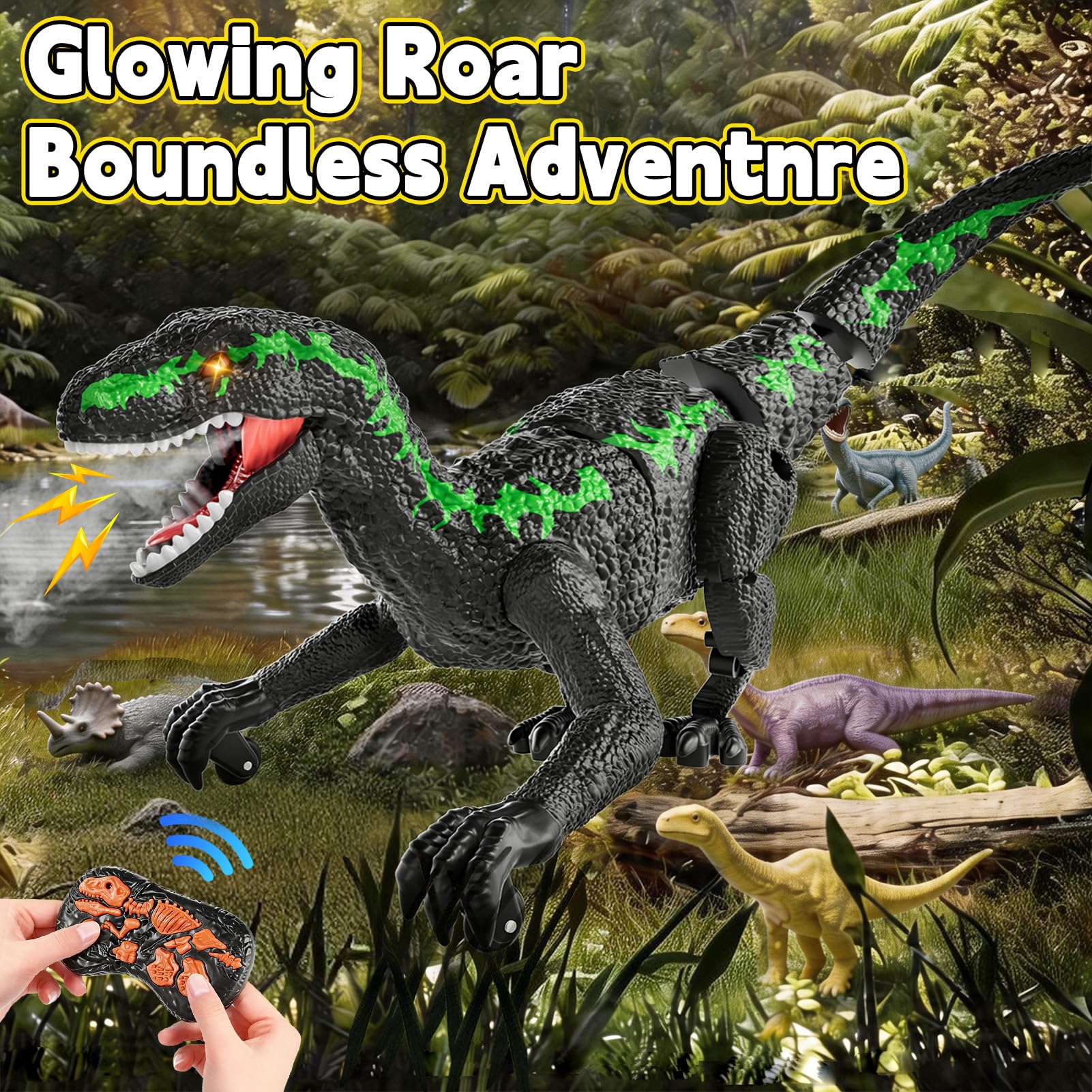Dinosaure Télécommandé RC Rechargeable 2,4 GHz avec Yeux 3D et 3 Sons, Jouet Interactif pour Enfants 3+ (Vert)
